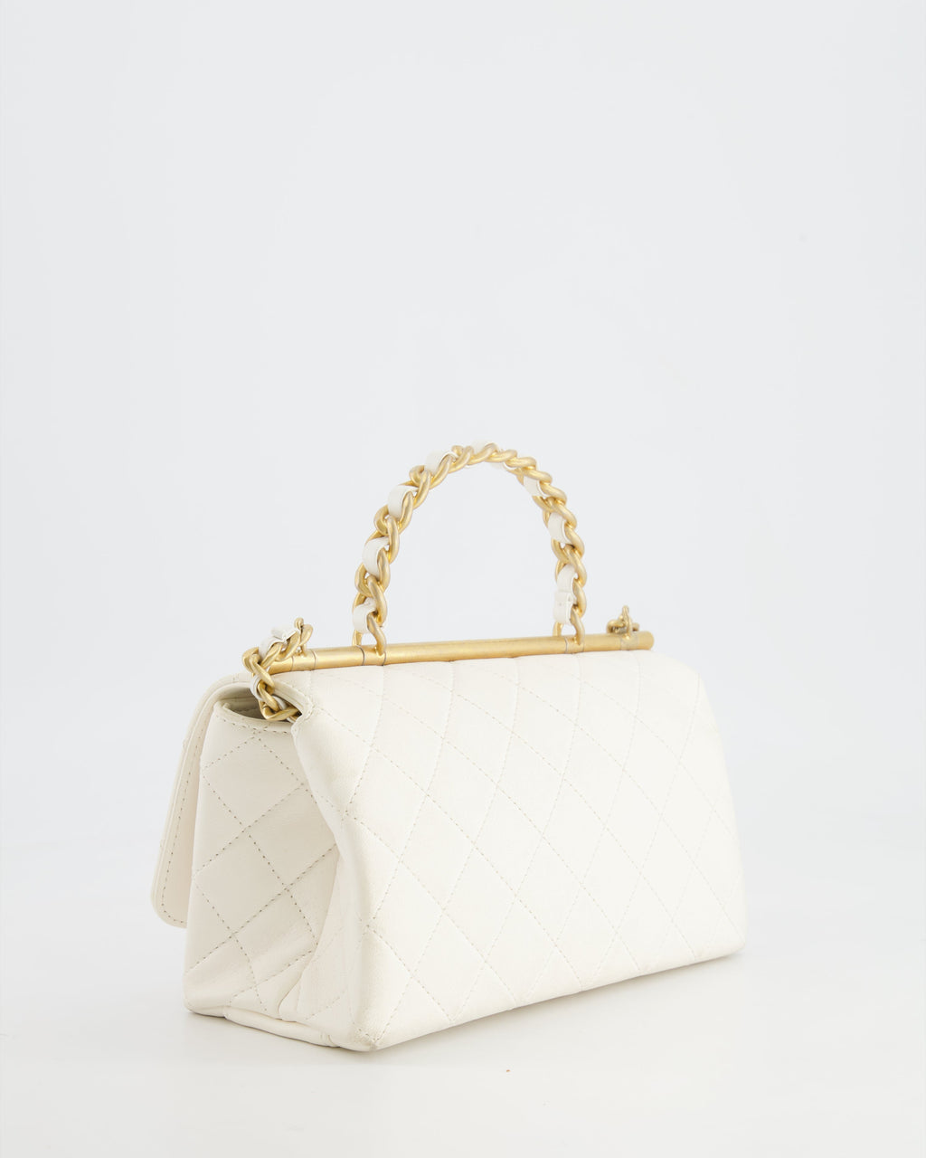 Chanel White Lambskin Leather Small Flap Bag with Brushed Gold Chain Top Handle