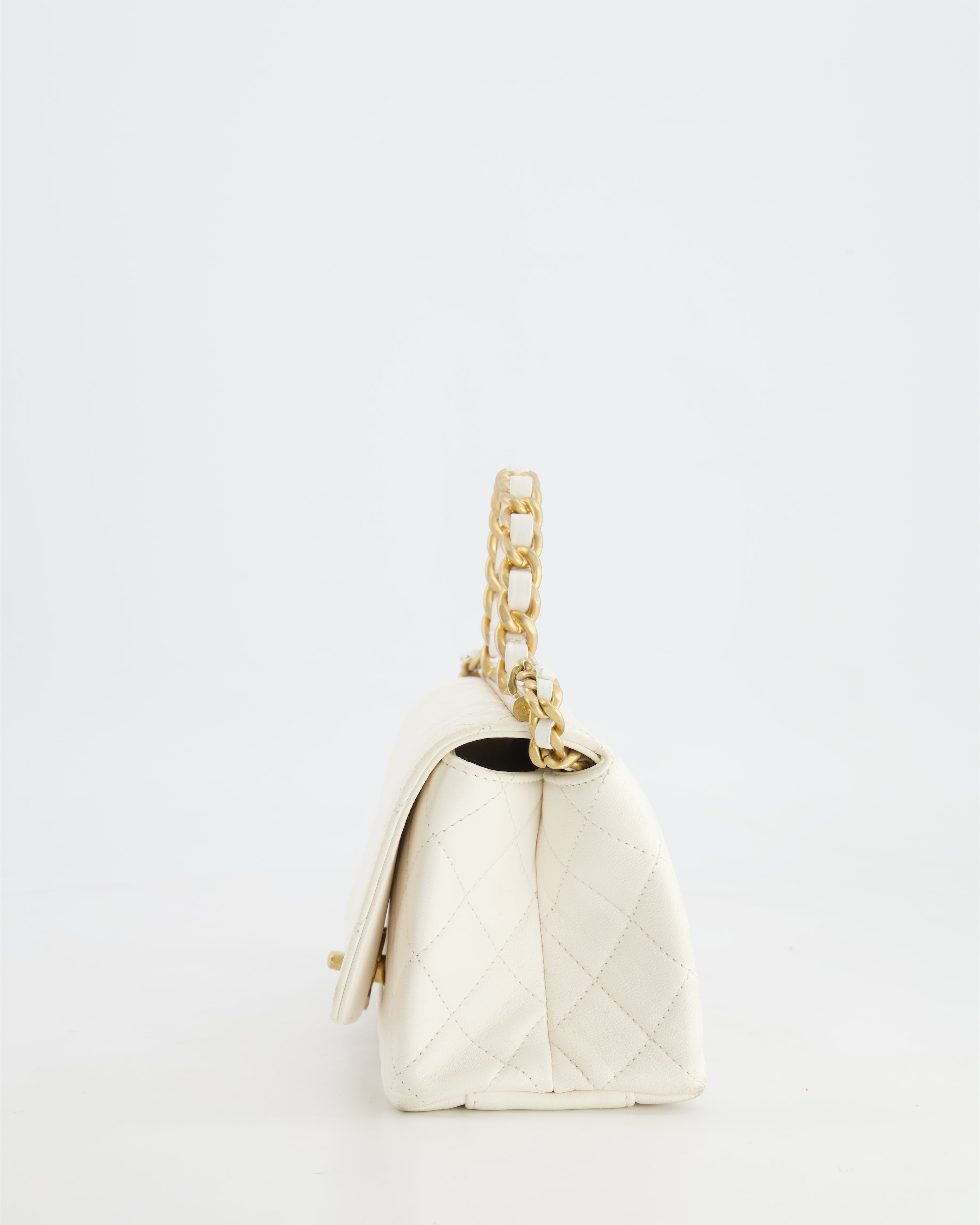 Chanel White Lambskin Leather Small Flap Bag with Brushed Gold Chain Top Handle