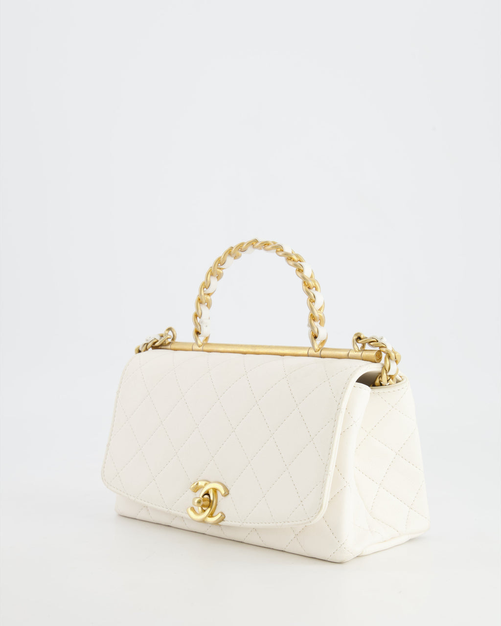 Chanel White Lambskin Leather Small Flap Bag with Brushed Gold Chain Top Handle
