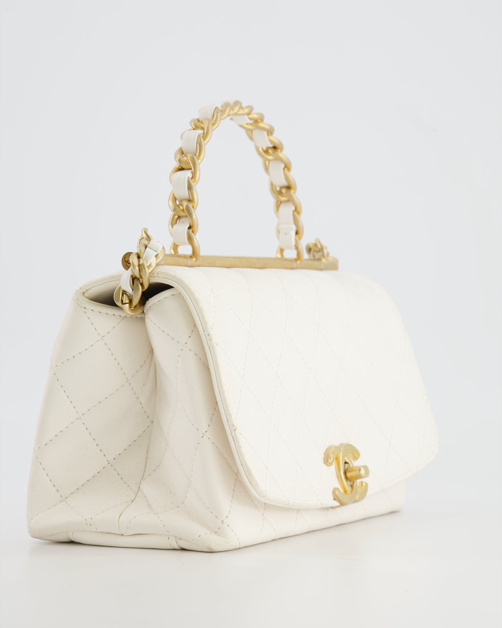 Chanel White Lambskin Leather Small Flap Bag with Brushed Gold Chain Top Handle