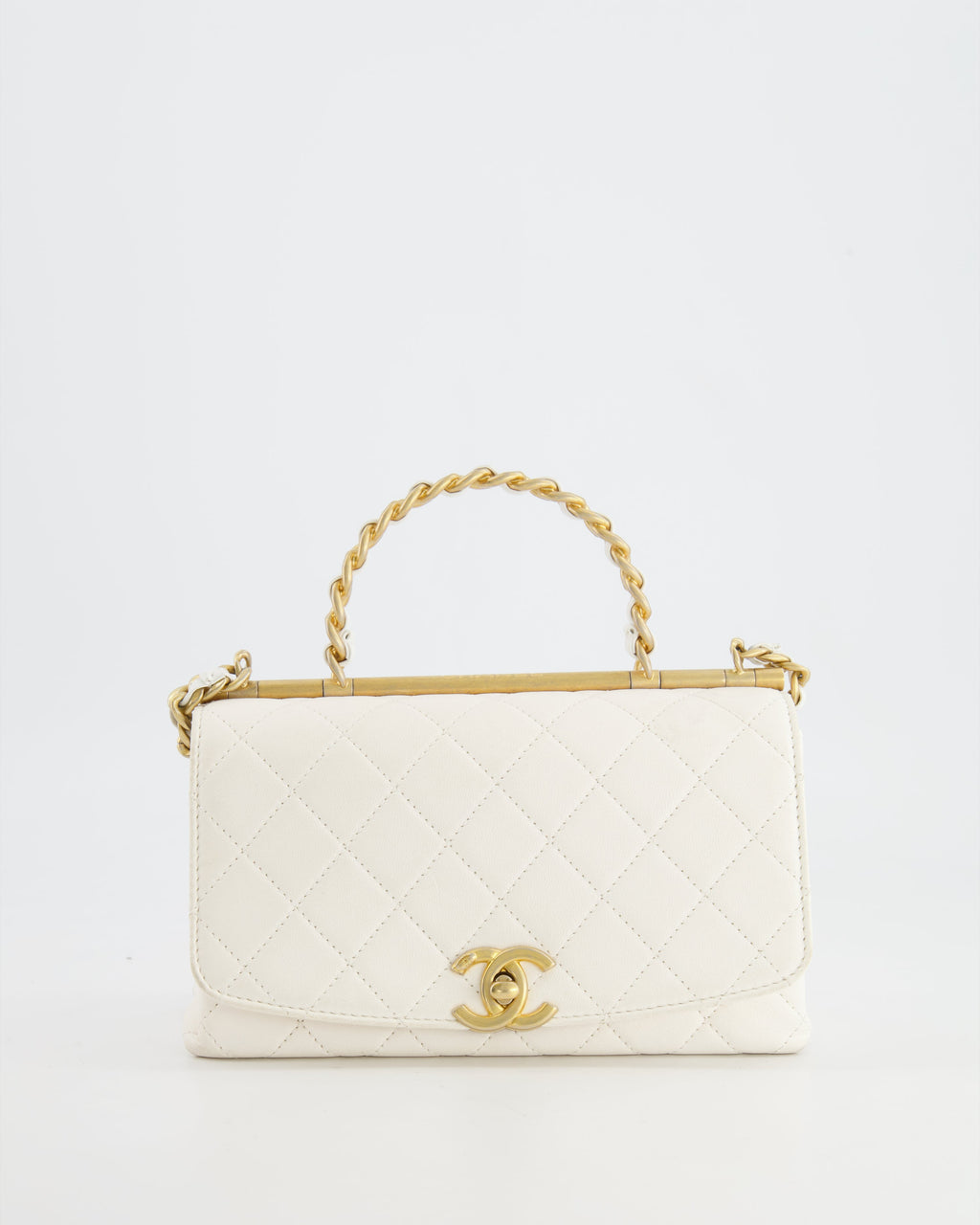 Chanel White Lambskin Leather Small Flap Bag with Brushed Gold Chain Top Handle