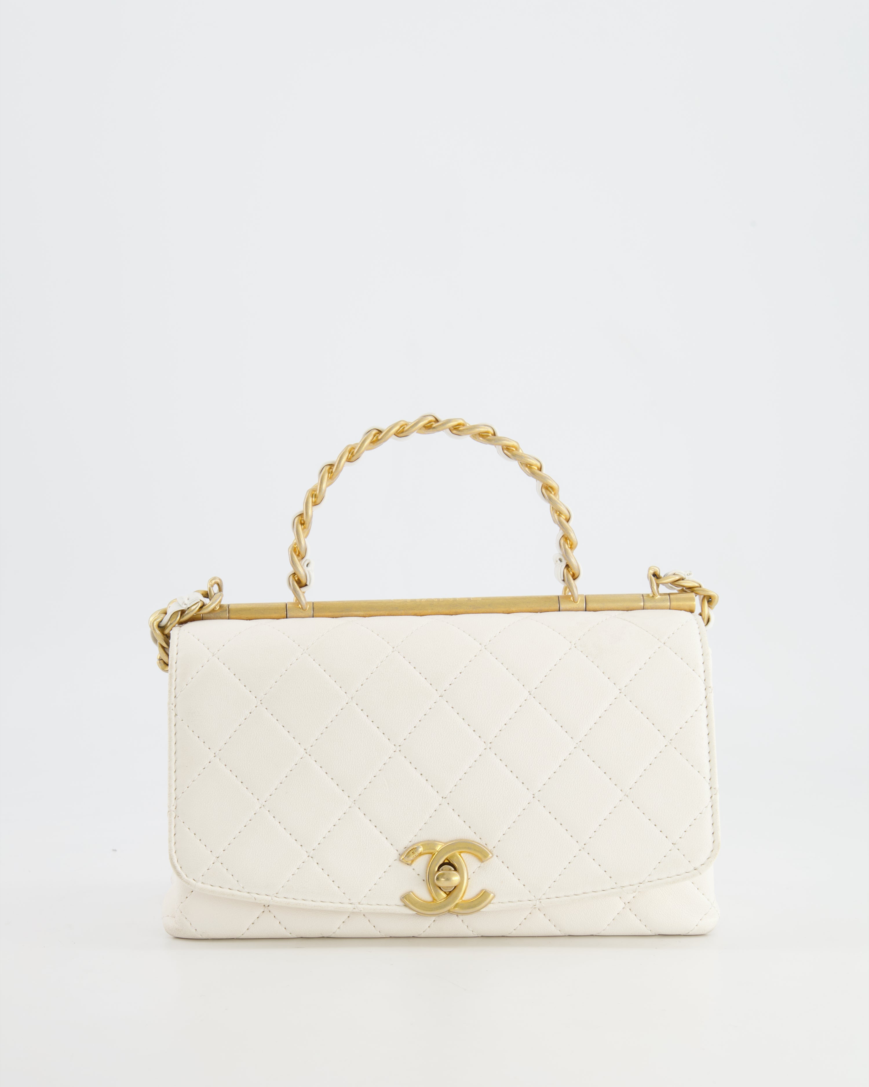 Chanel White Lambskin Leather Small Flap Bag with Brushed Gold Chain Top Handle