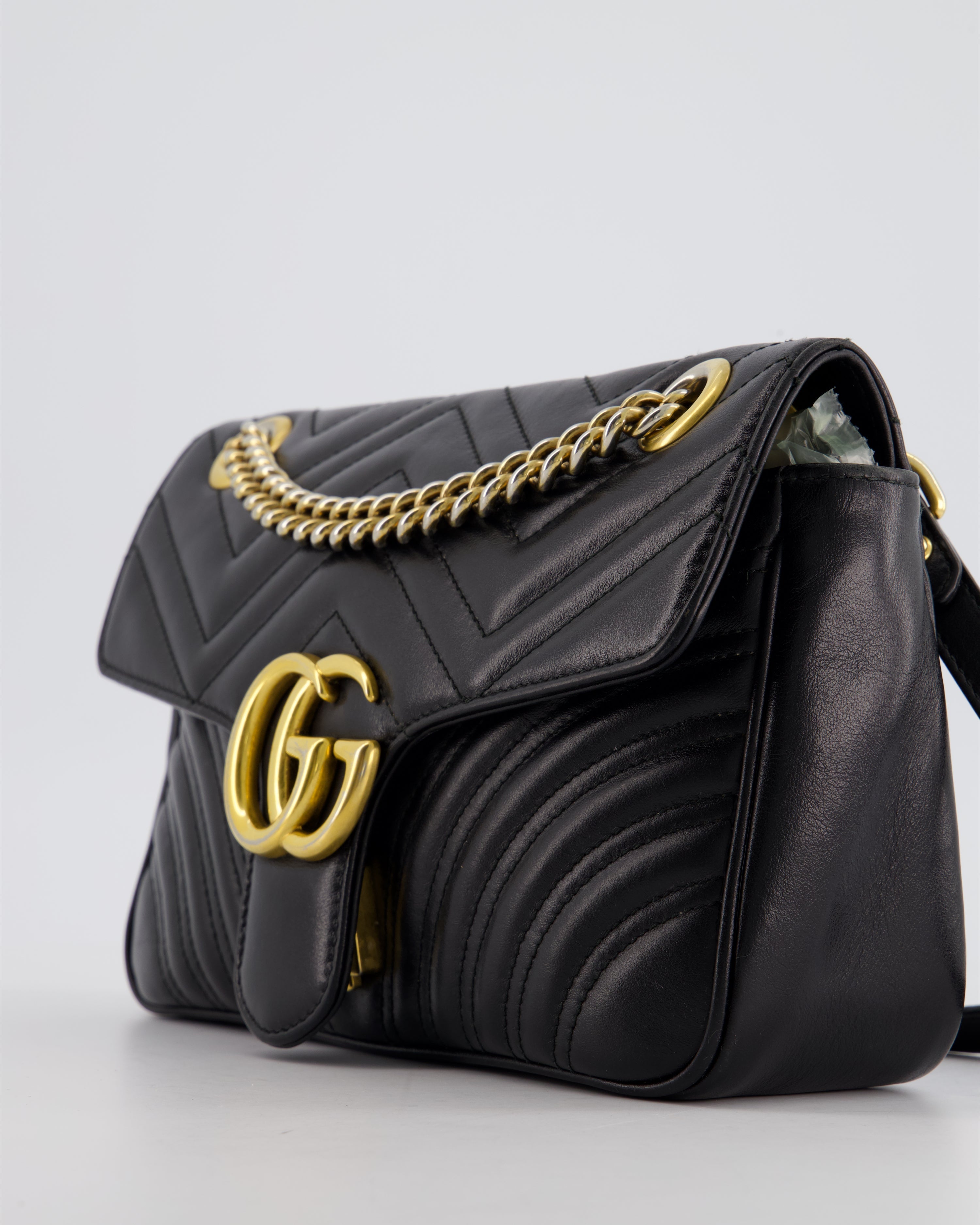 Gucci Black Small GG Marmont Shoulder Bag in Matelassé Chevron Leather