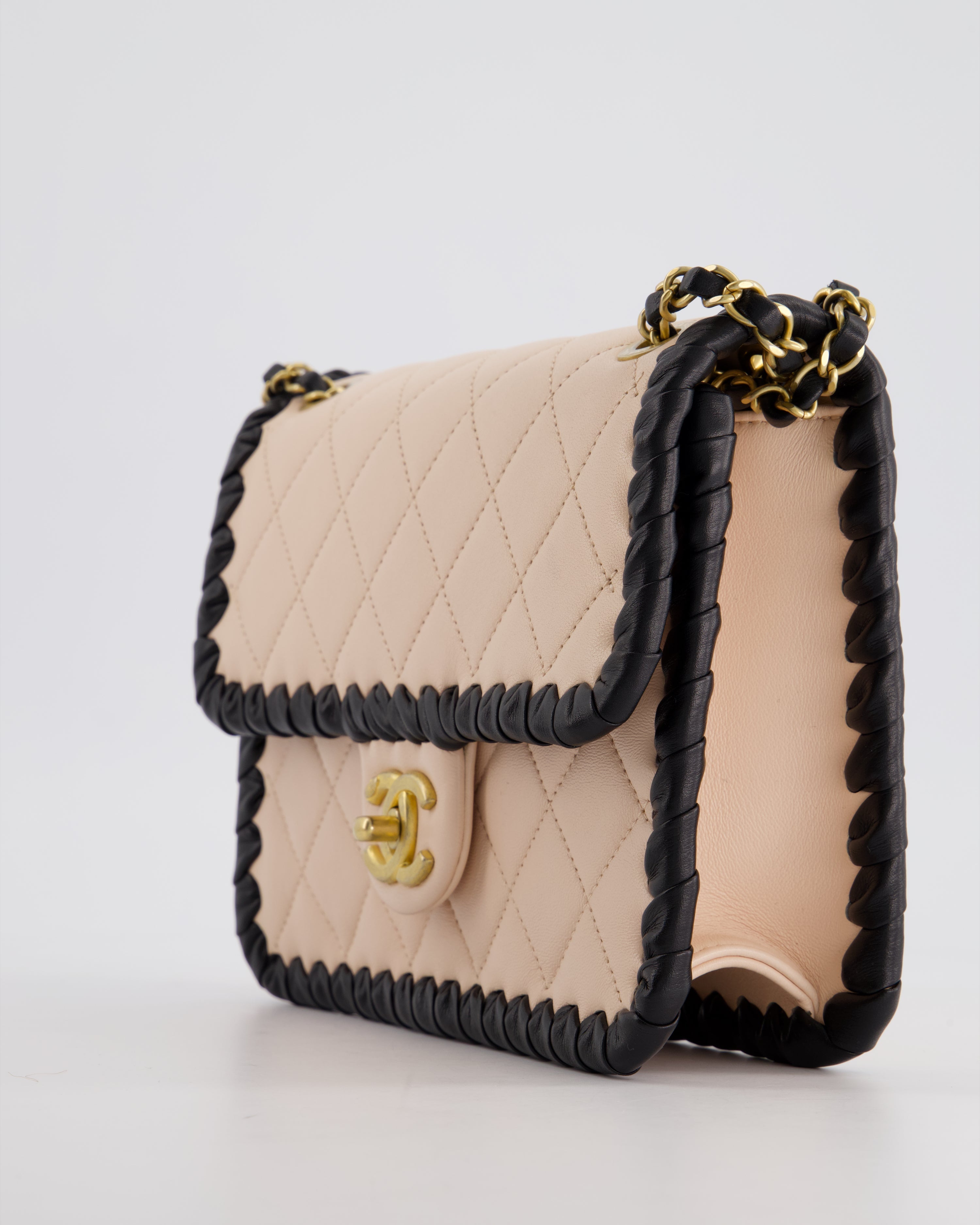 Chanel Light Pink, Black Square Stitched Edge Flap Bag in Lambskin with Brushed Gold Hardware