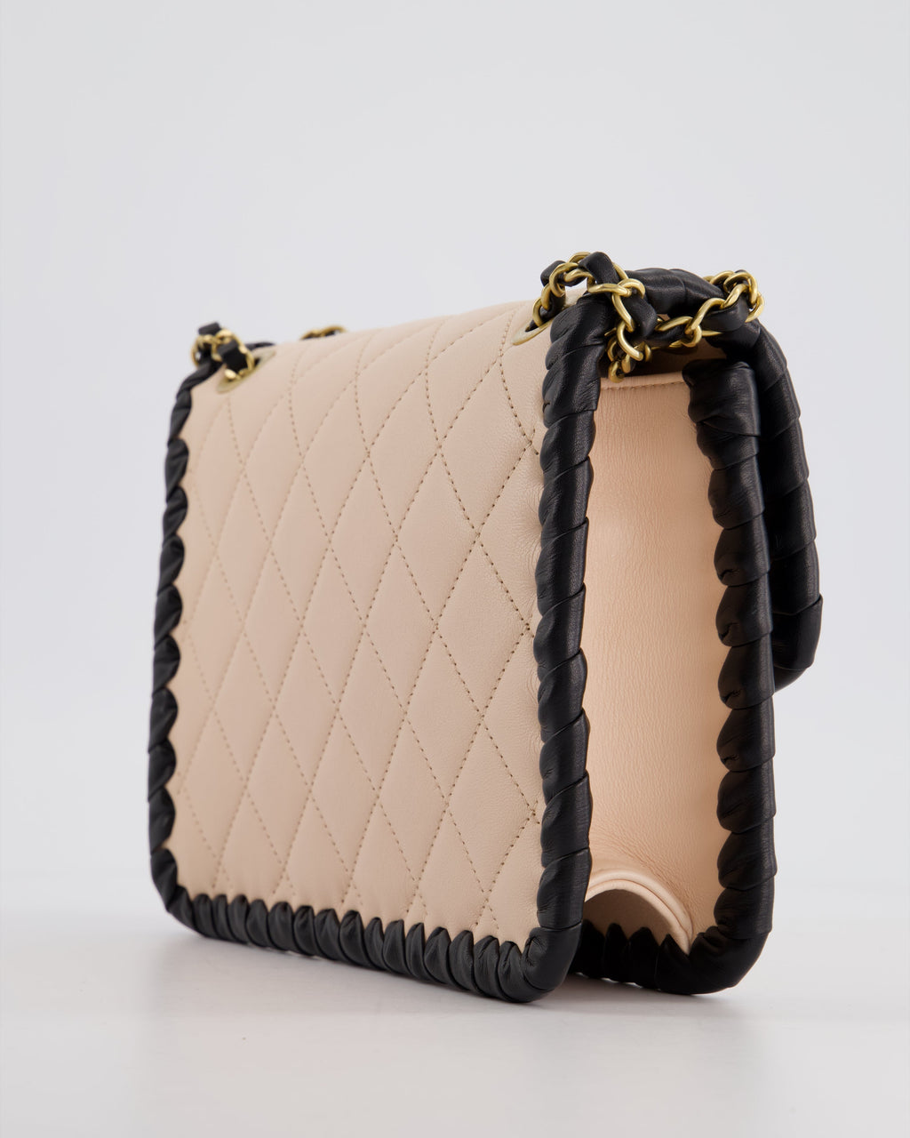 Chanel Light Pink, Black Square Stitched Edge Flap Bag in Lambskin with Brushed Gold Hardware