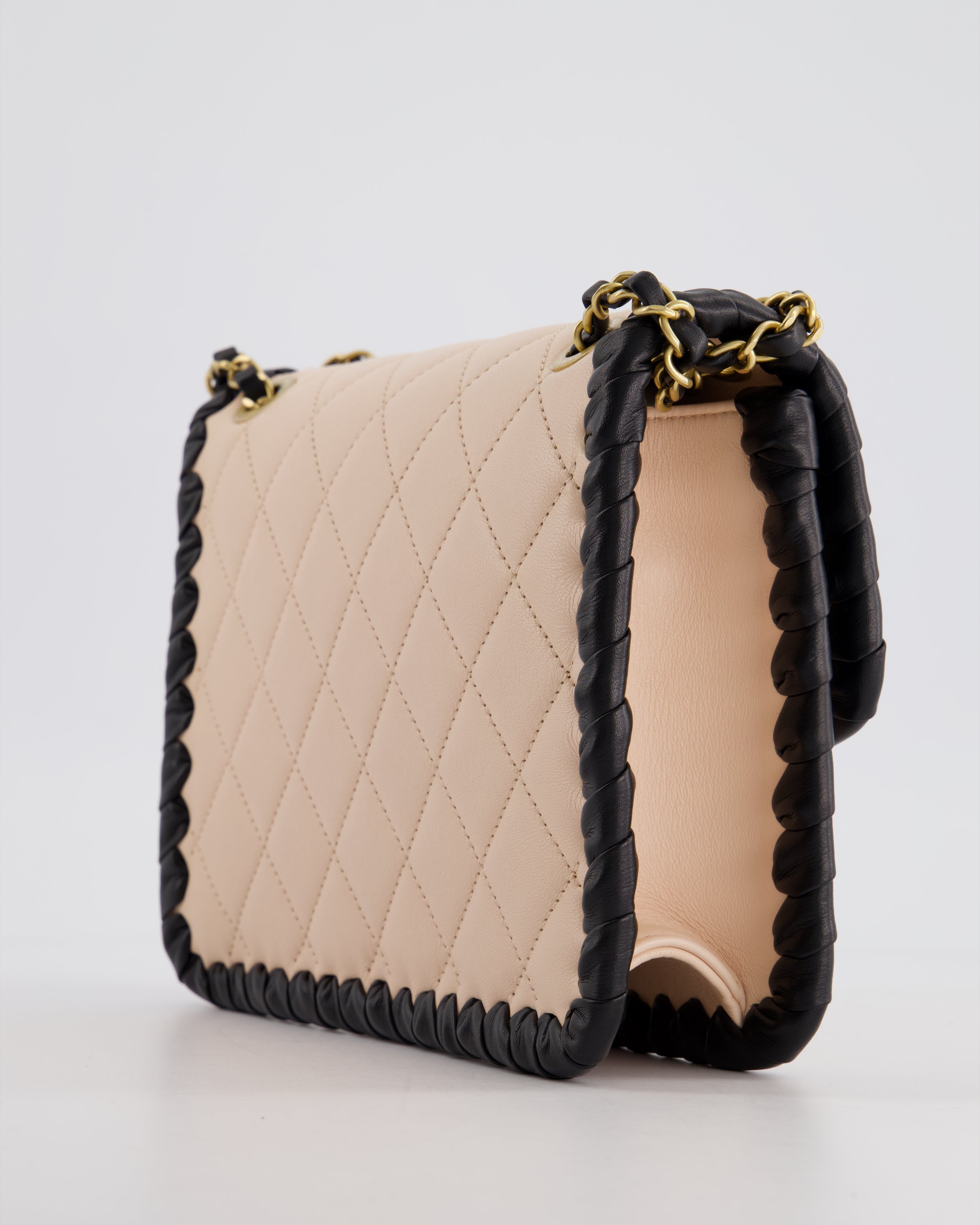 Chanel Light Pink, Black Square Stitched Edge Flap Bag in Lambskin with Brushed Gold Hardware