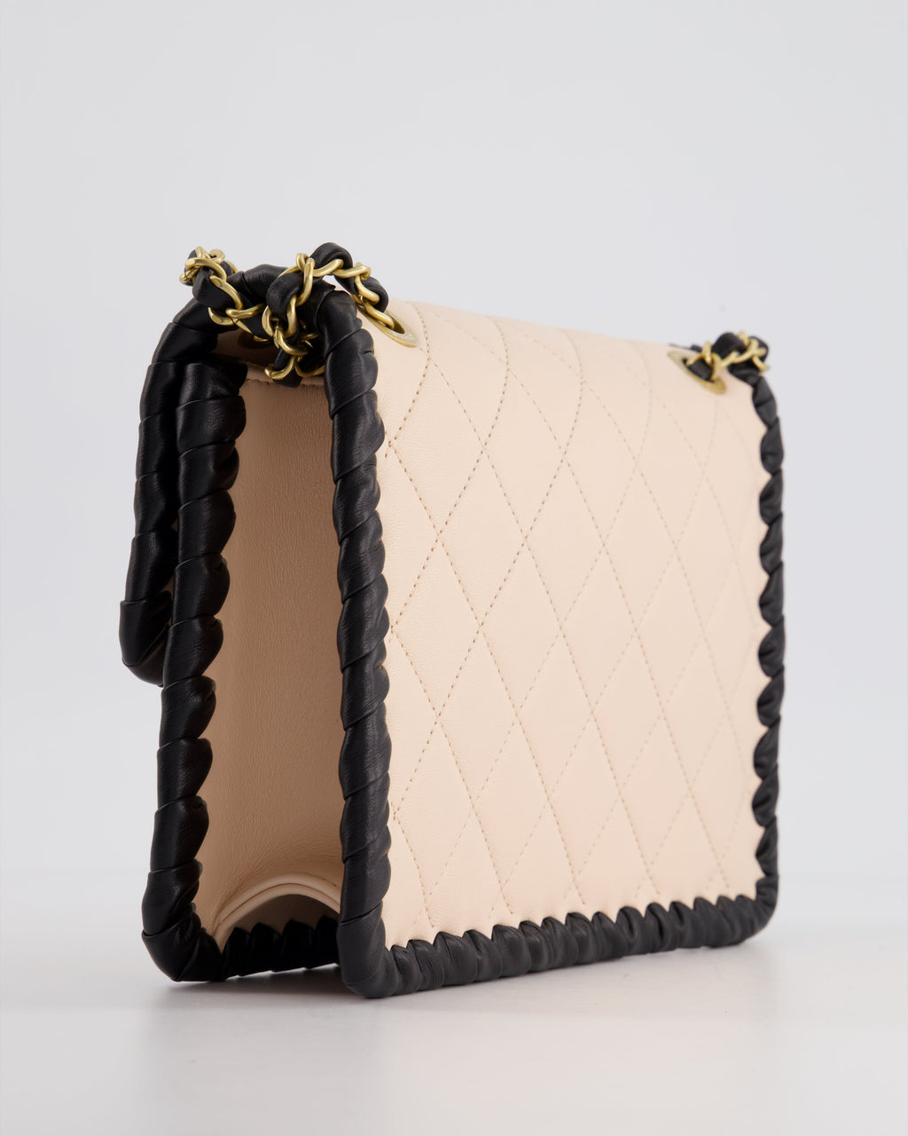 Chanel Light Pink, Black Square Stitched Edge Flap Bag in Lambskin with Brushed Gold Hardware
