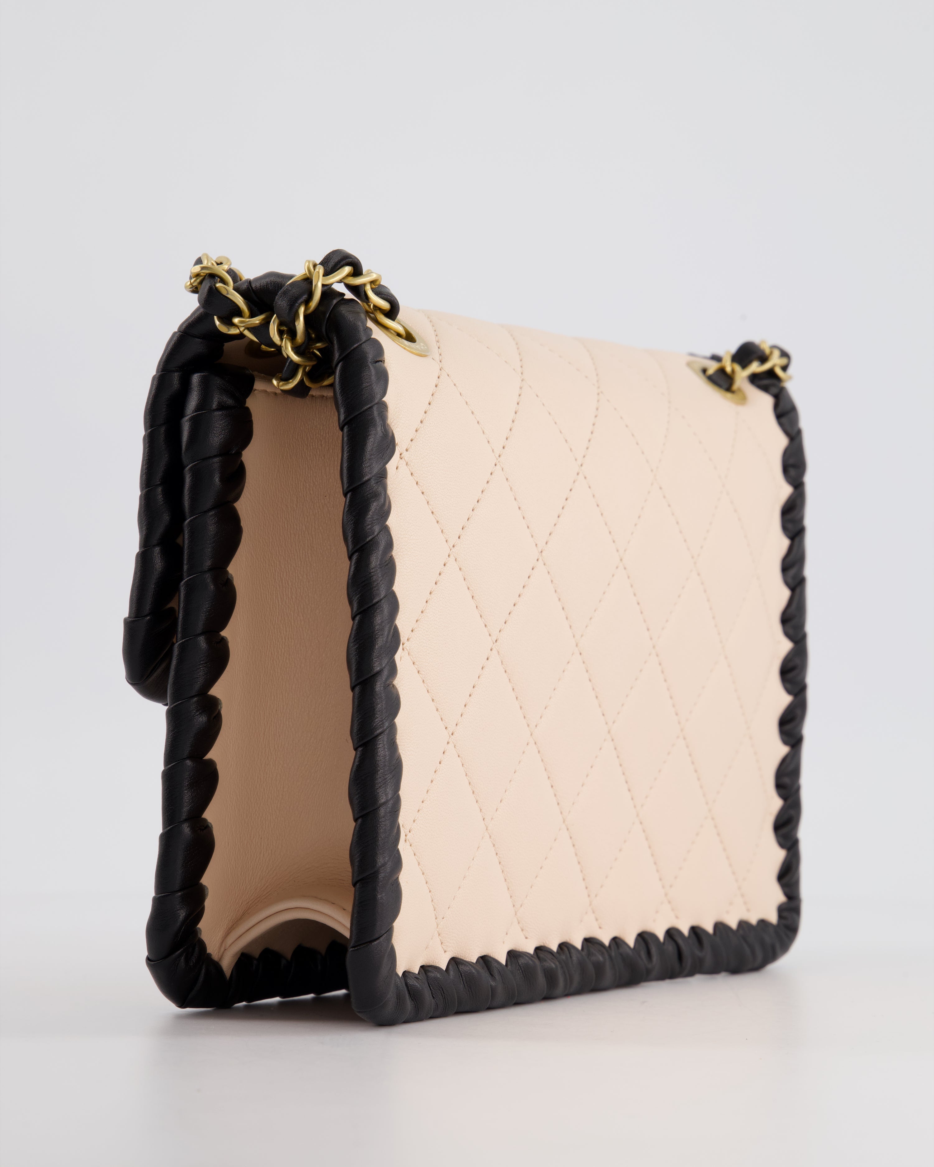 Chanel Light Pink, Black Square Stitched Edge Flap Bag in Lambskin with Brushed Gold Hardware