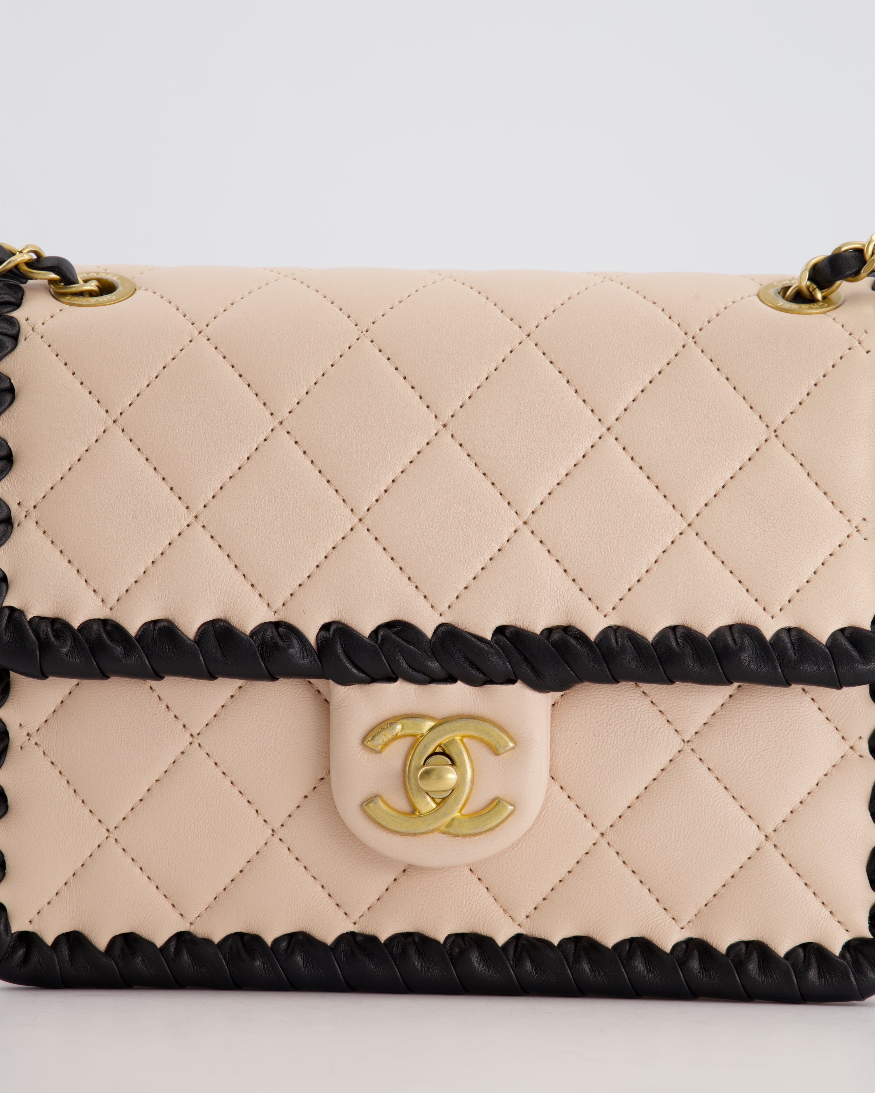 Chanel Light Pink, Black Square Stitched Edge Flap Bag in Lambskin with Brushed Gold Hardware