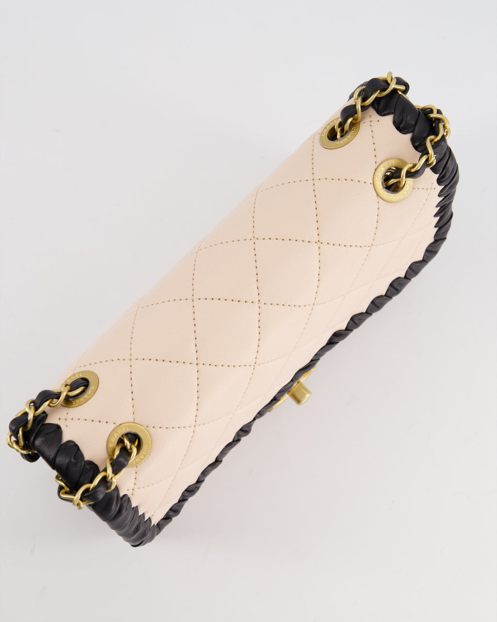 Chanel Light Pink, Black Square Stitched Edge Flap Bag in Lambskin with Brushed Gold Hardware