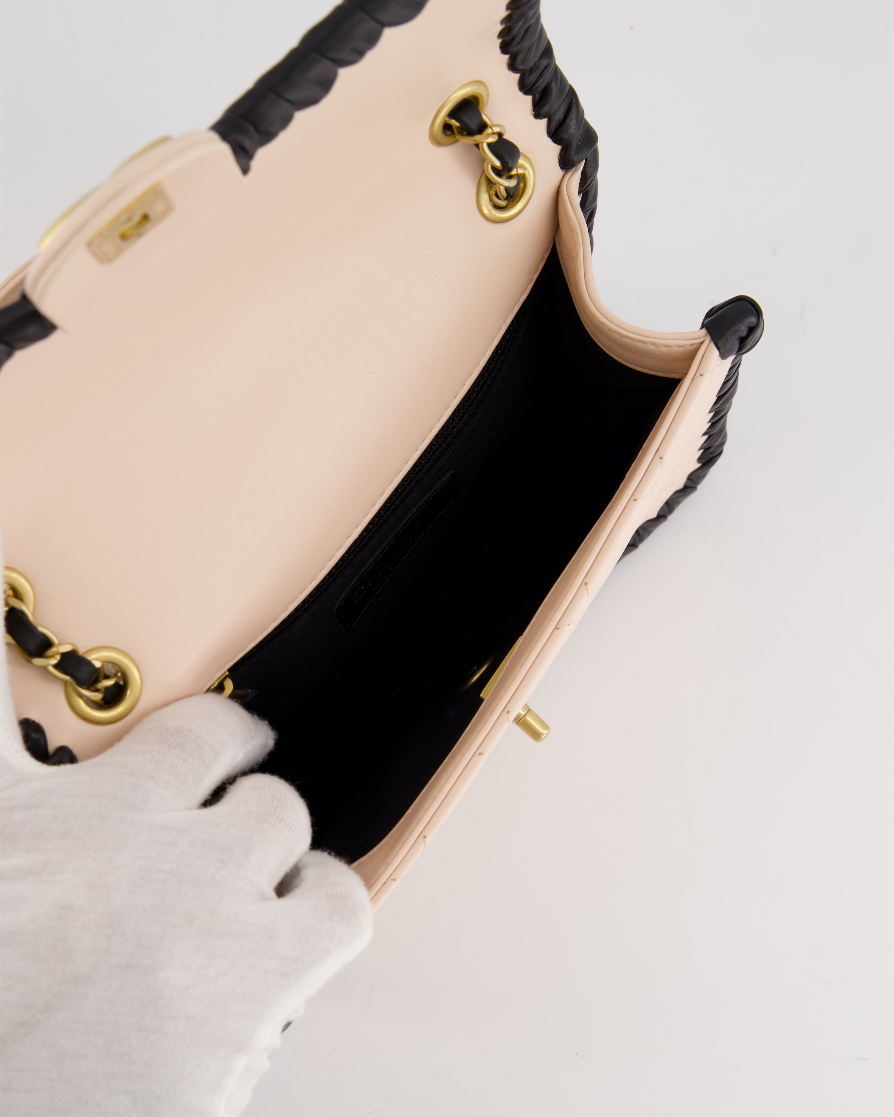 Chanel Light Pink, Black Square Stitched Edge Flap Bag in Lambskin with Brushed Gold Hardware