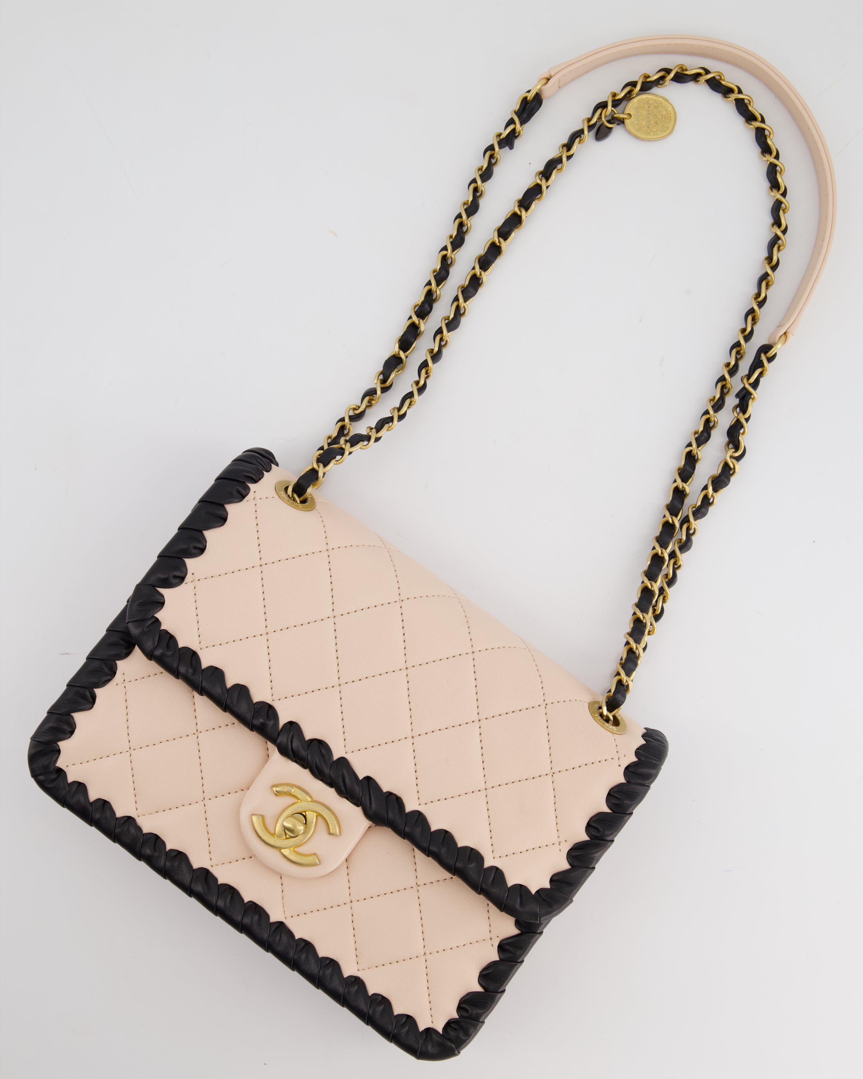 Chanel Light Pink, Black Square Stitched Edge Flap Bag in Lambskin with Brushed Gold Hardware