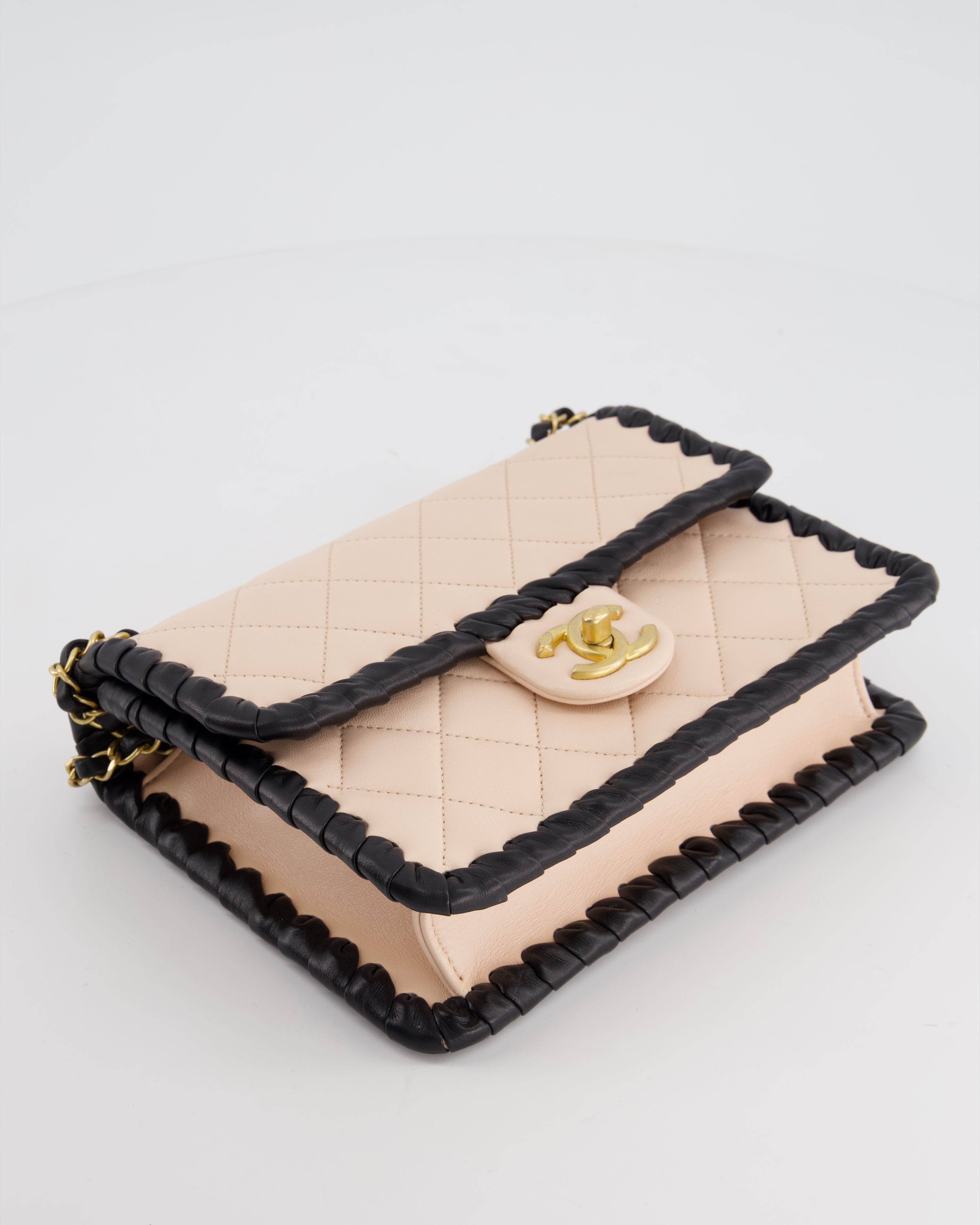 Chanel Light Pink, Black Square Stitched Edge Flap Bag in Lambskin with Brushed Gold Hardware