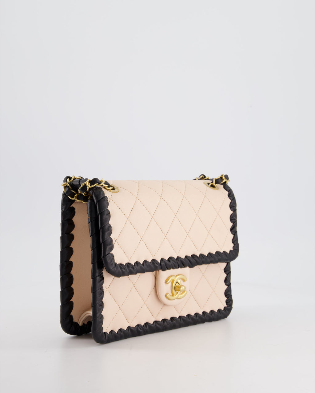 Chanel Light Pink, Black Square Stitched Edge Flap Bag in Lambskin with Brushed Gold Hardware