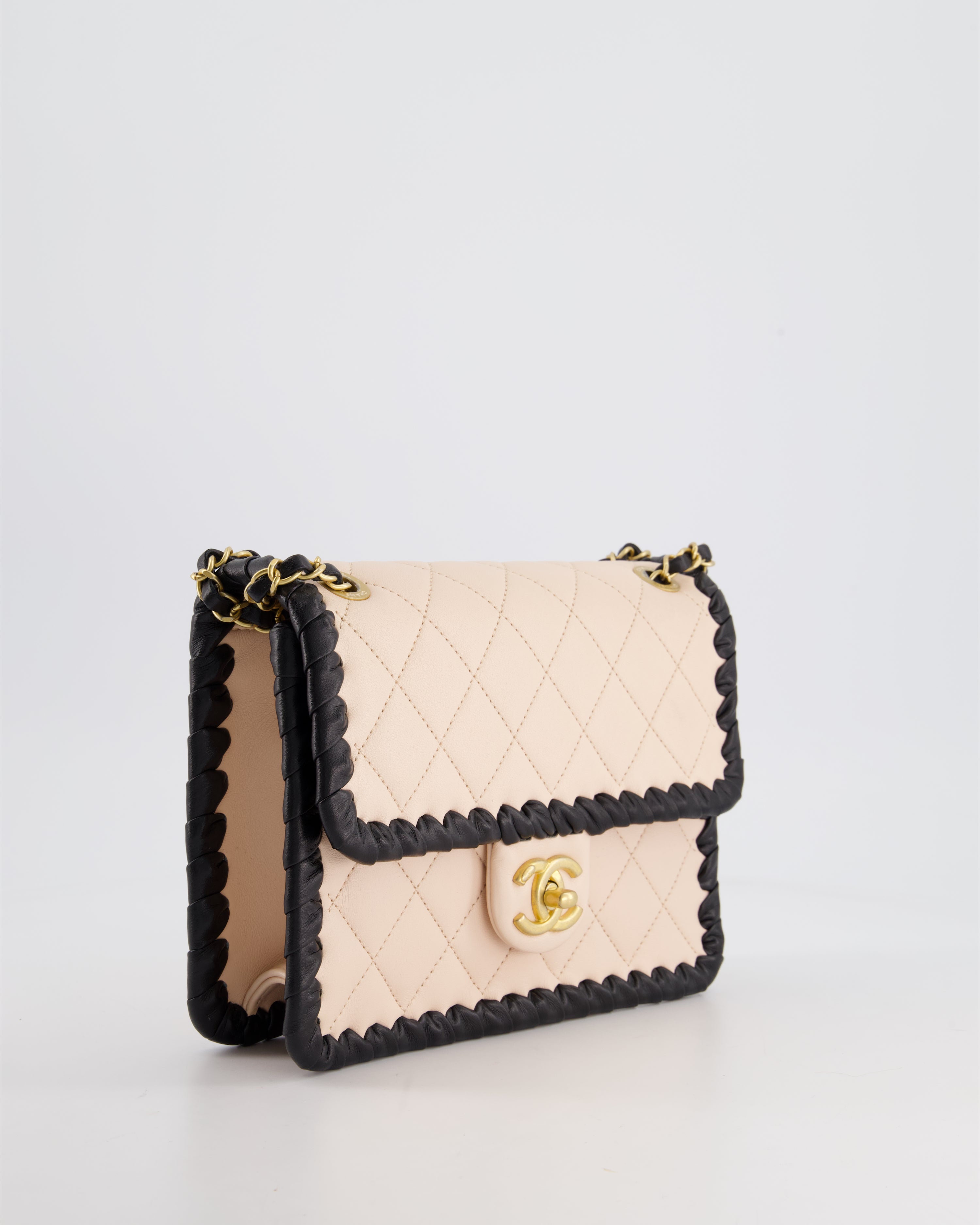 Chanel Light Pink, Black Square Stitched Edge Flap Bag in Lambskin with Brushed Gold Hardware