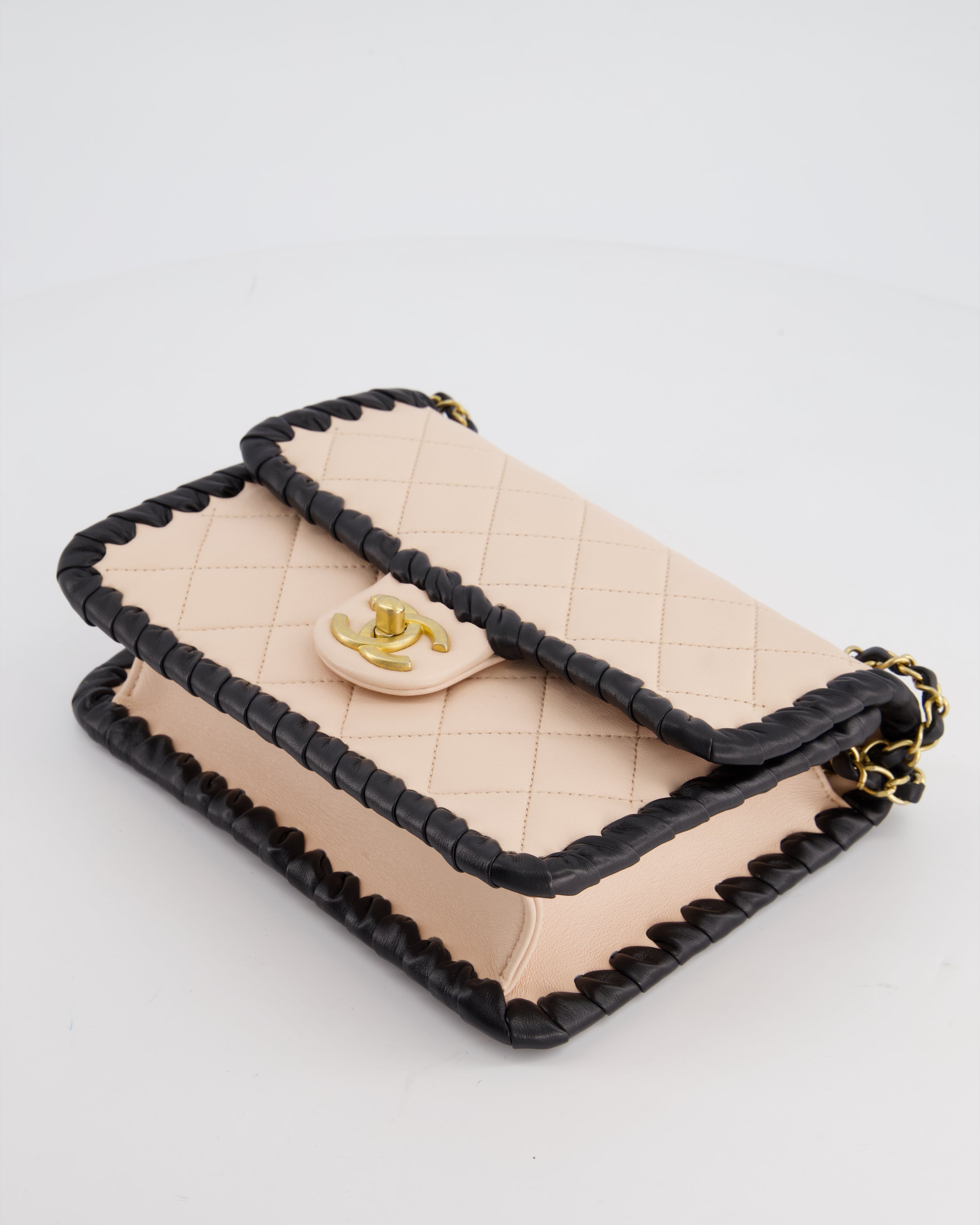 Chanel Light Pink, Black Square Stitched Edge Flap Bag in Lambskin with Brushed Gold Hardware