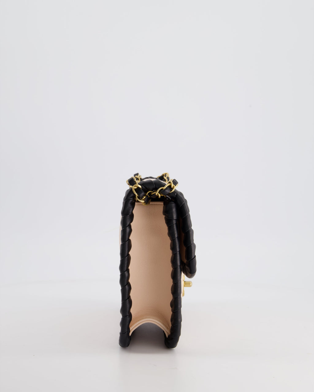 Chanel Light Pink, Black Square Stitched Edge Flap Bag in Lambskin with Brushed Gold Hardware