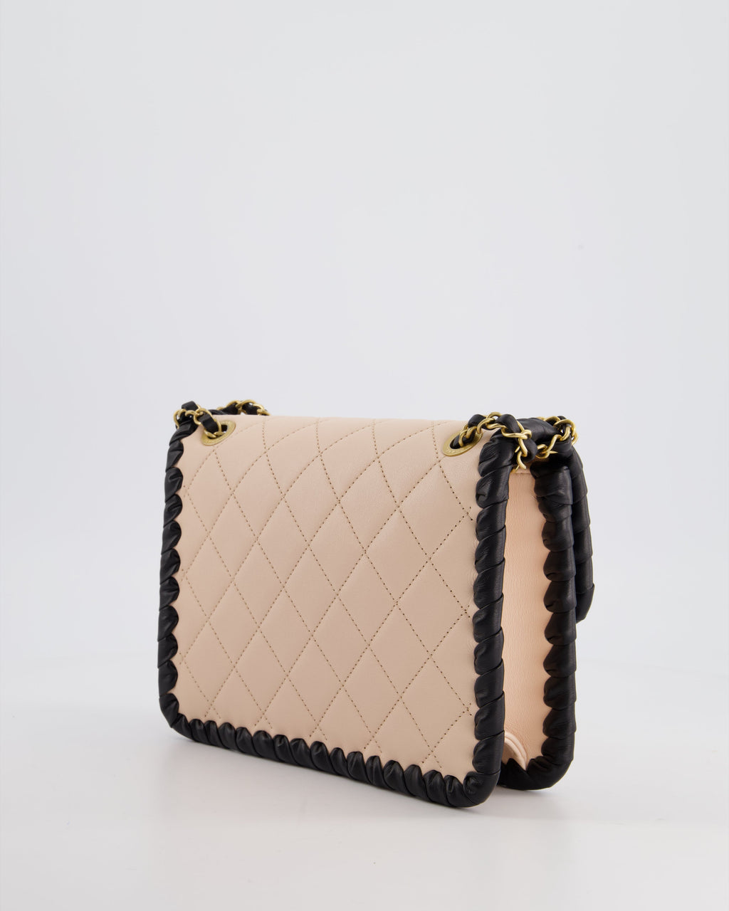 Chanel Light Pink, Black Square Stitched Edge Flap Bag in Lambskin with Brushed Gold Hardware