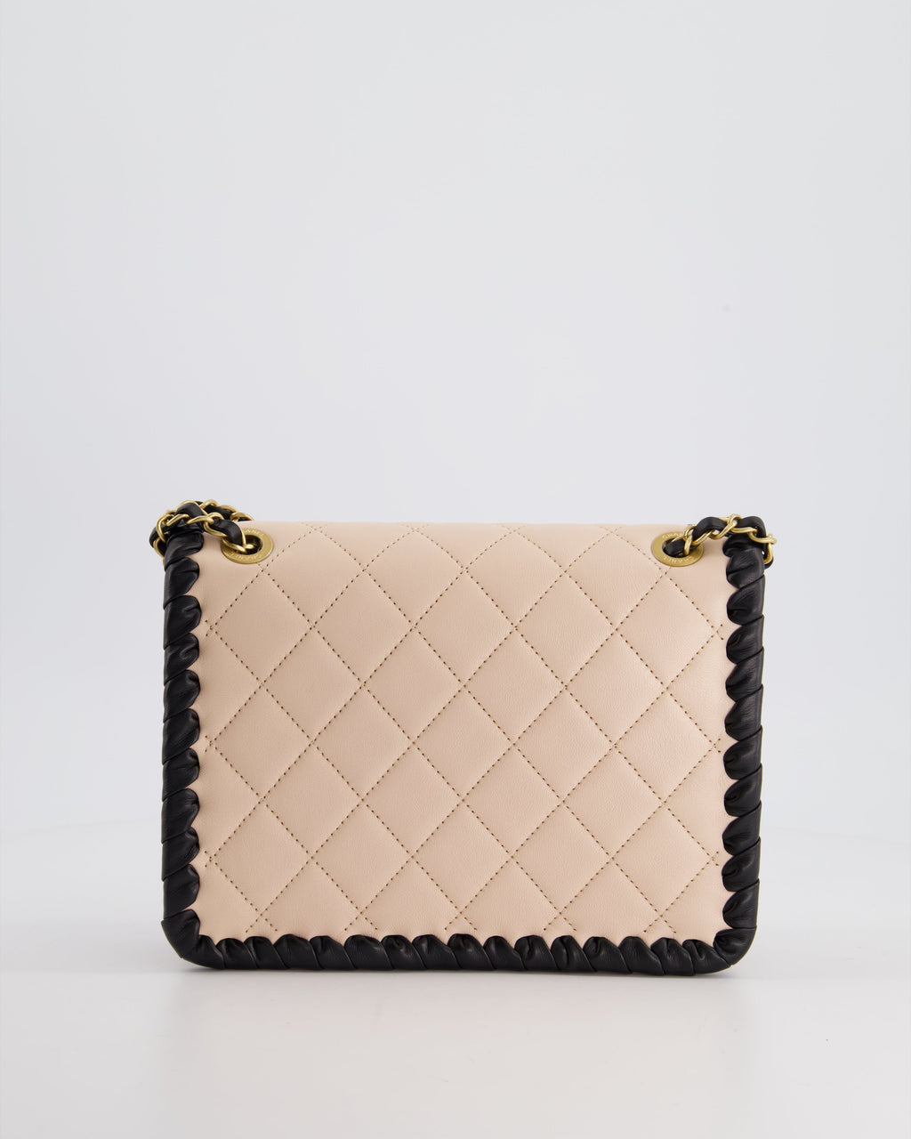 Chanel Light Pink, Black Square Stitched Edge Flap Bag in Lambskin with Brushed Gold Hardware