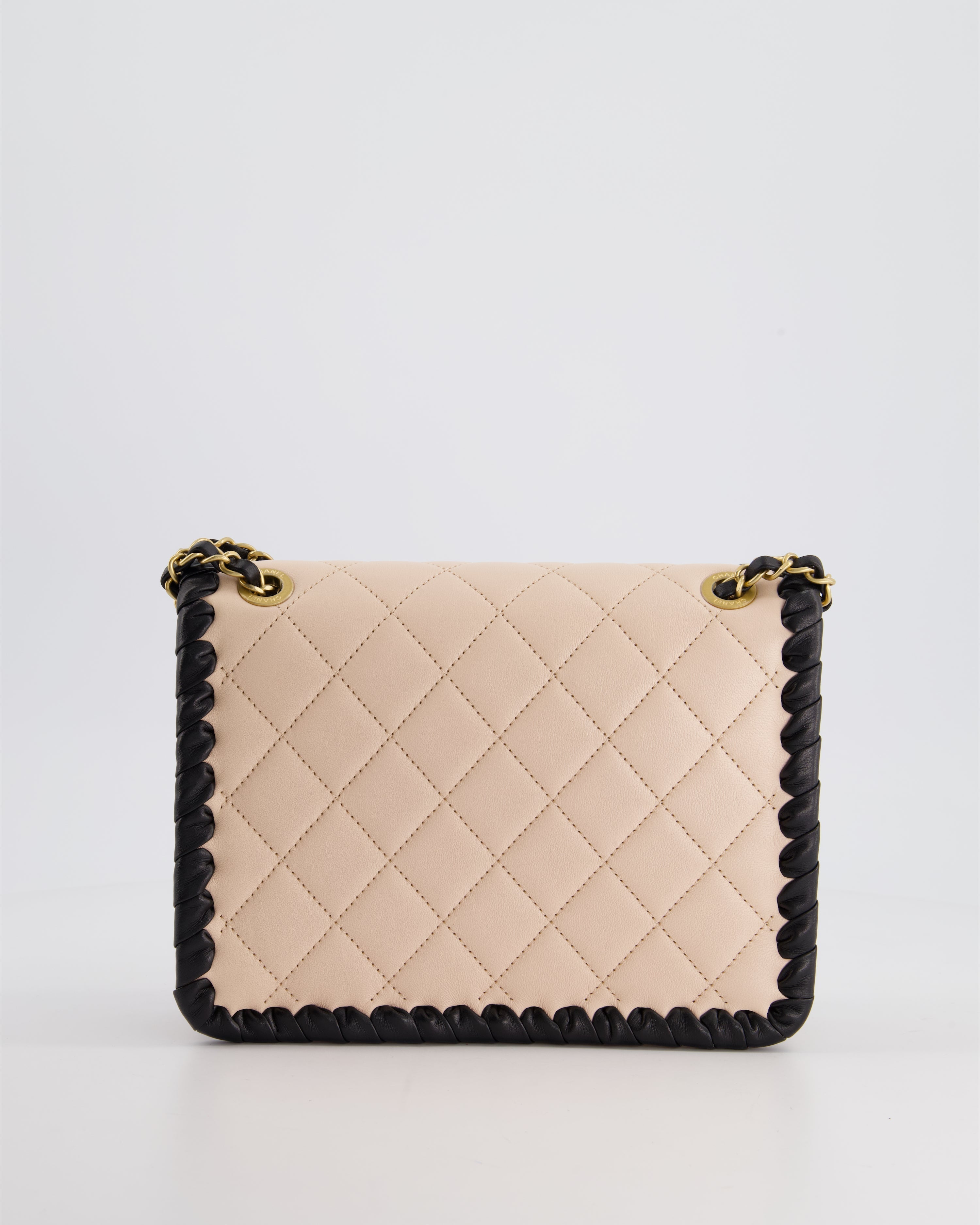 Chanel Light Pink, Black Square Stitched Edge Flap Bag in Lambskin with Brushed Gold Hardware