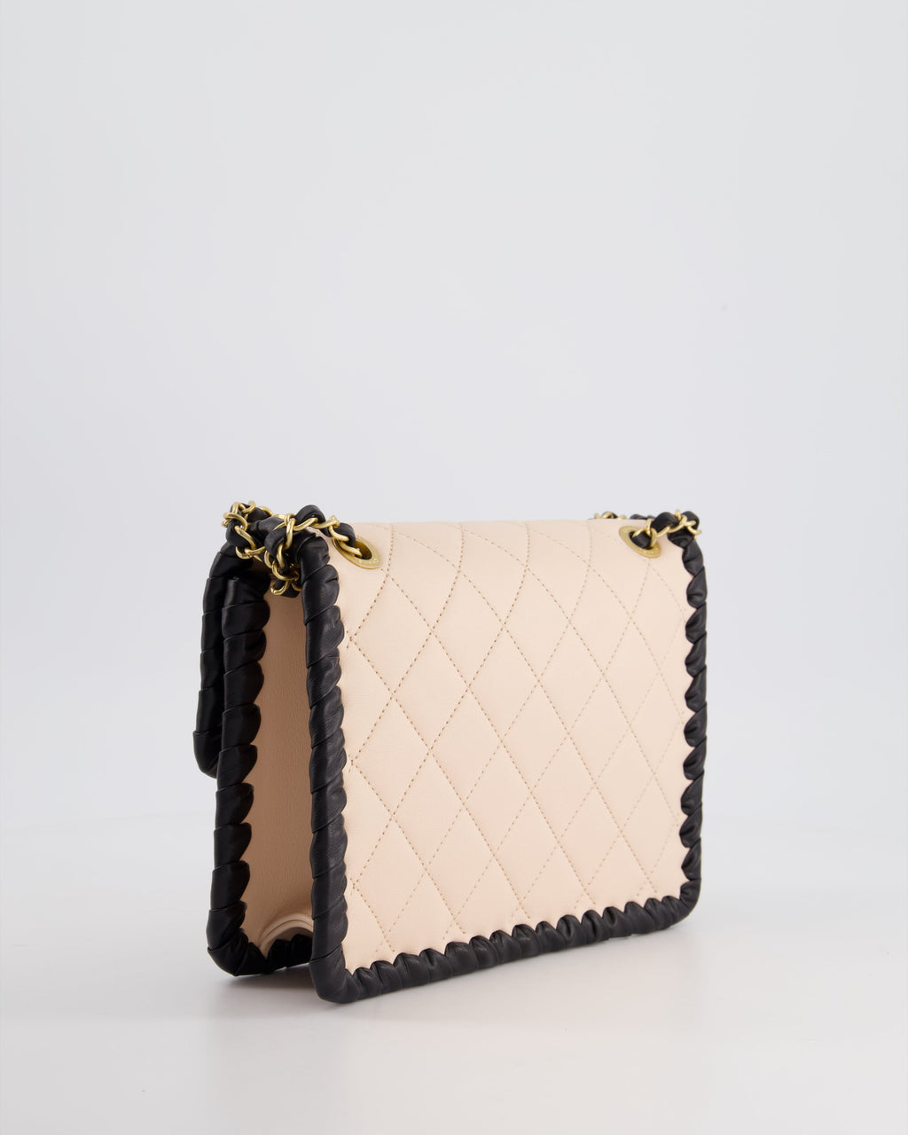 Chanel Light Pink, Black Square Stitched Edge Flap Bag in Lambskin with Brushed Gold Hardware