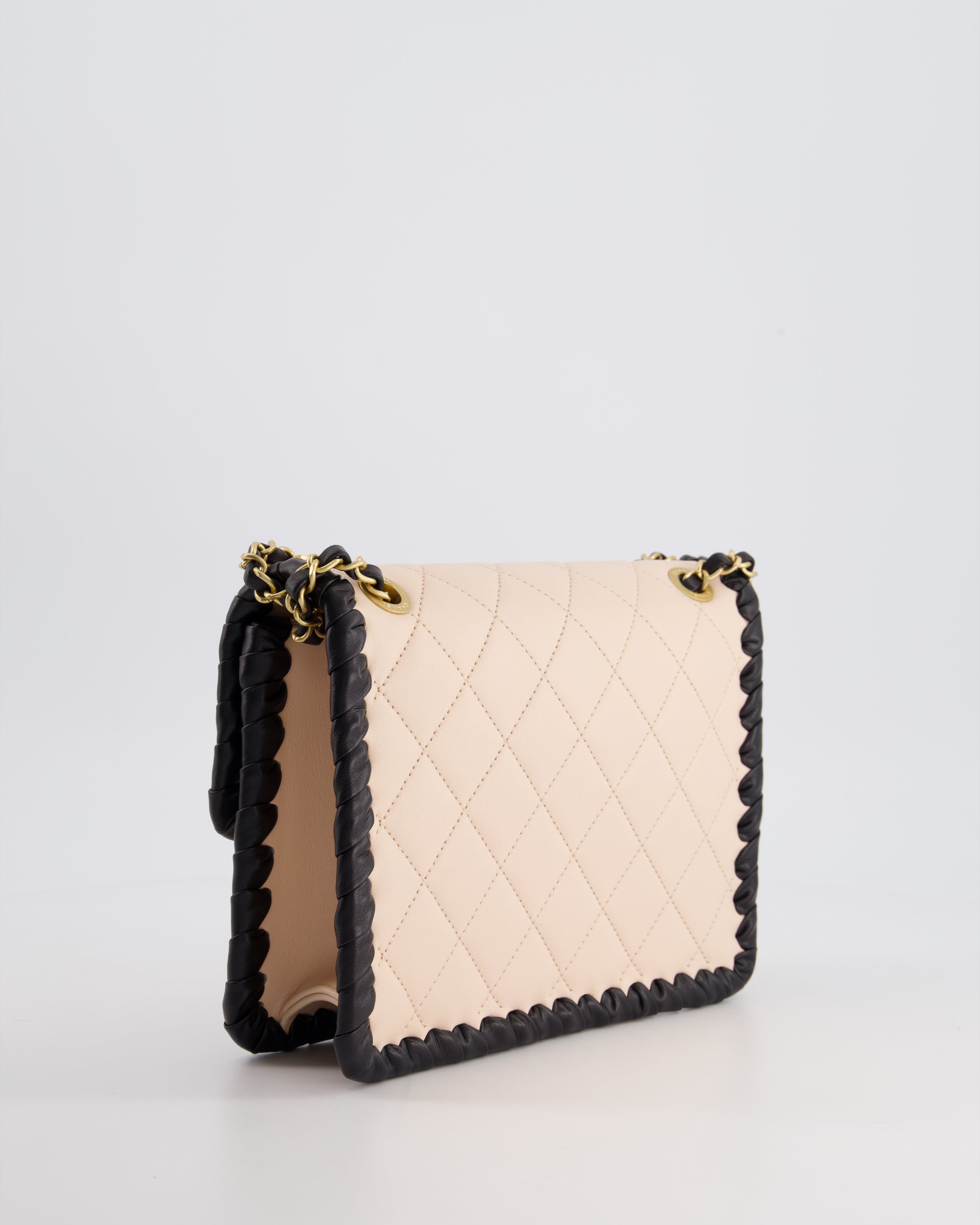 Chanel Light Pink, Black Square Stitched Edge Flap Bag in Lambskin with Brushed Gold Hardware