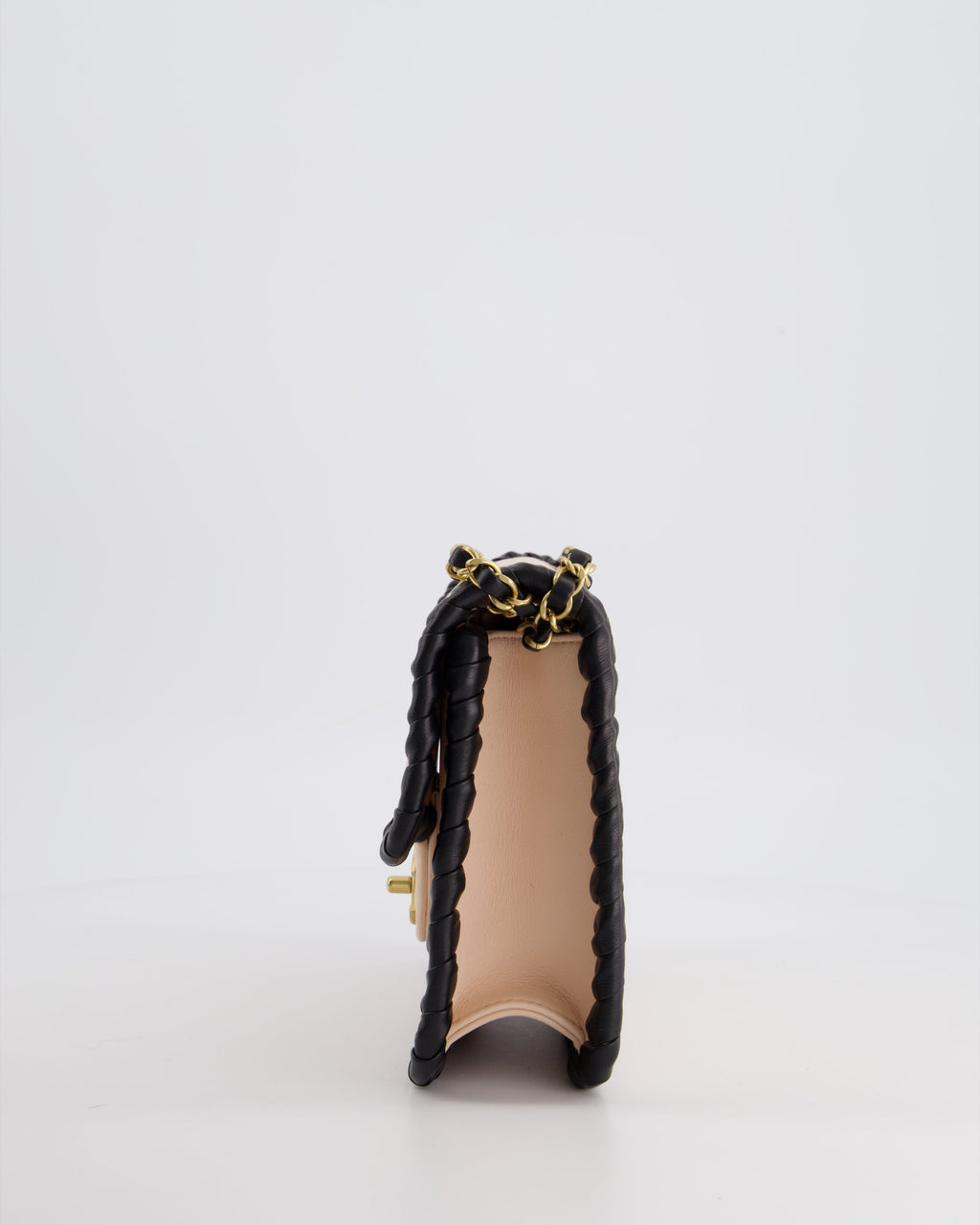 Chanel Light Pink, Black Square Stitched Edge Flap Bag in Lambskin with Brushed Gold Hardware
