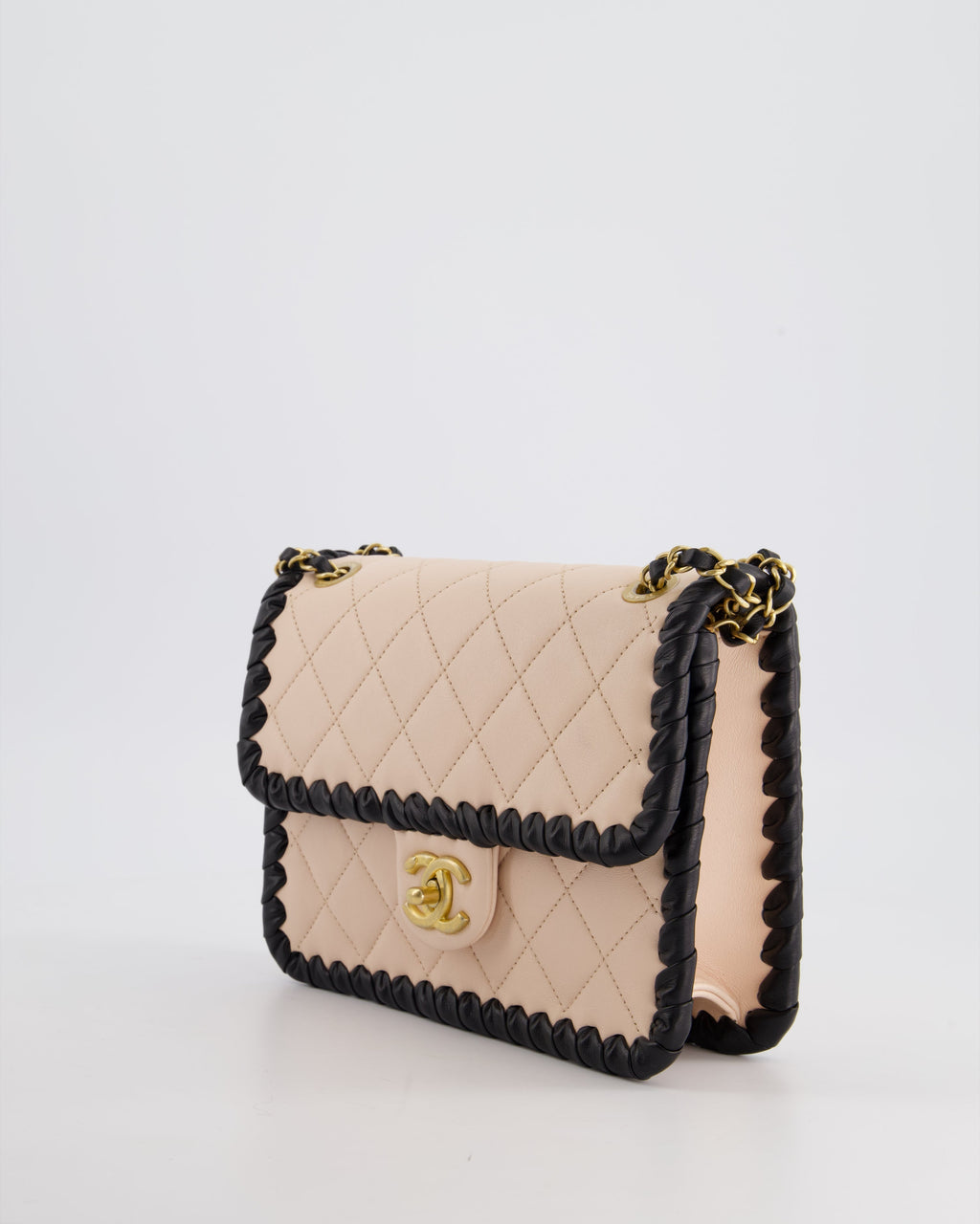 Chanel Light Pink, Black Square Stitched Edge Flap Bag in Lambskin with Brushed Gold Hardware