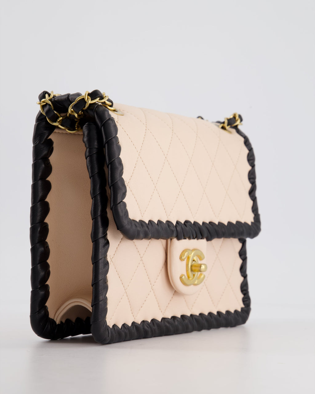 Chanel Light Pink, Black Square Stitched Edge Flap Bag in Lambskin with Brushed Gold Hardware