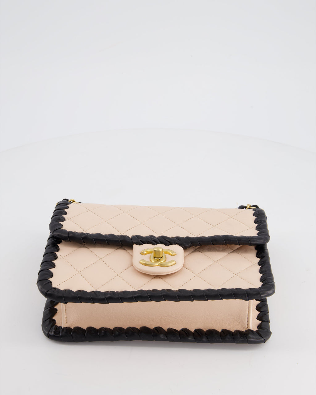 Chanel Light Pink, Black Square Stitched Edge Flap Bag in Lambskin with Brushed Gold Hardware