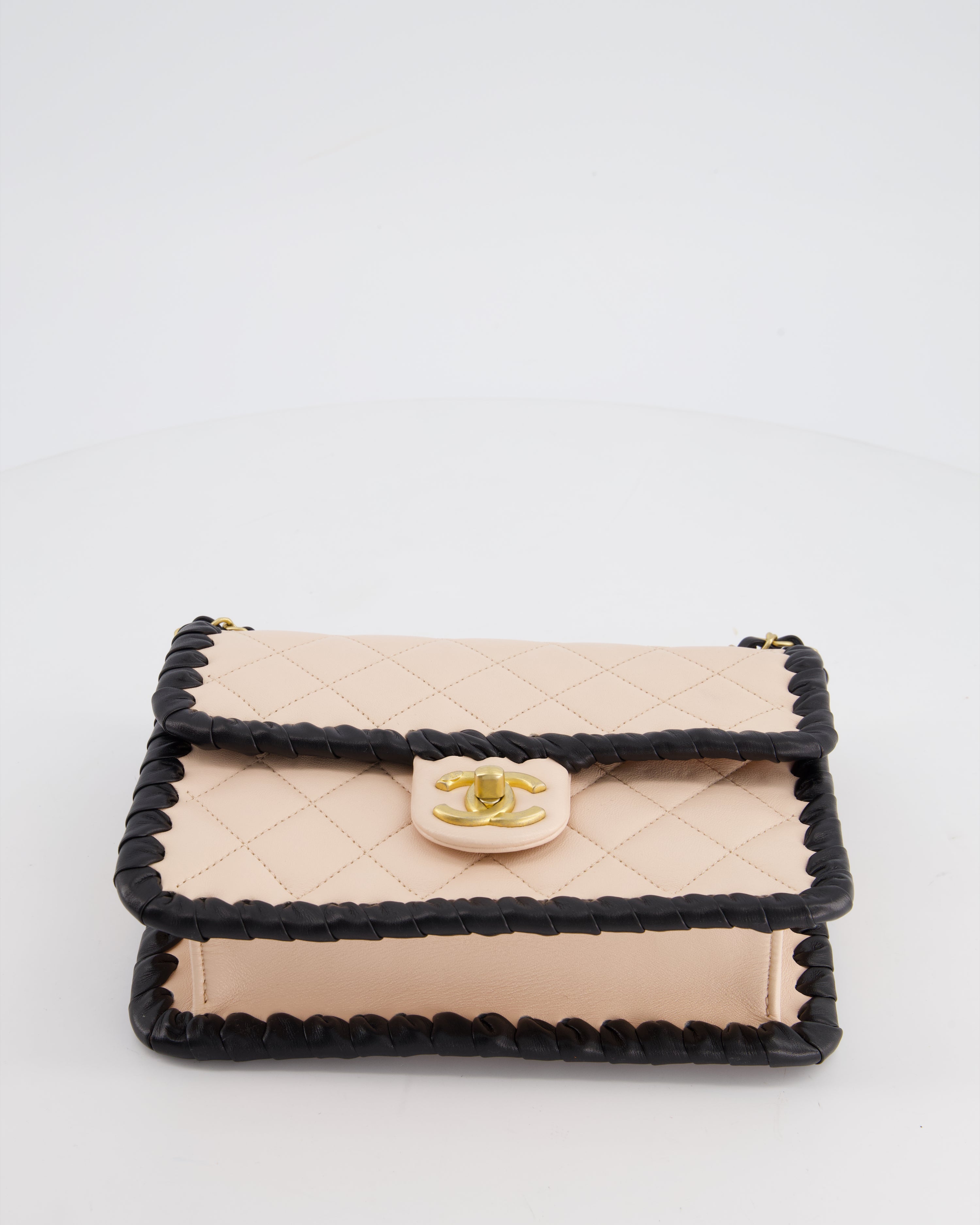 Chanel Light Pink, Black Square Stitched Edge Flap Bag in Lambskin with Brushed Gold Hardware
