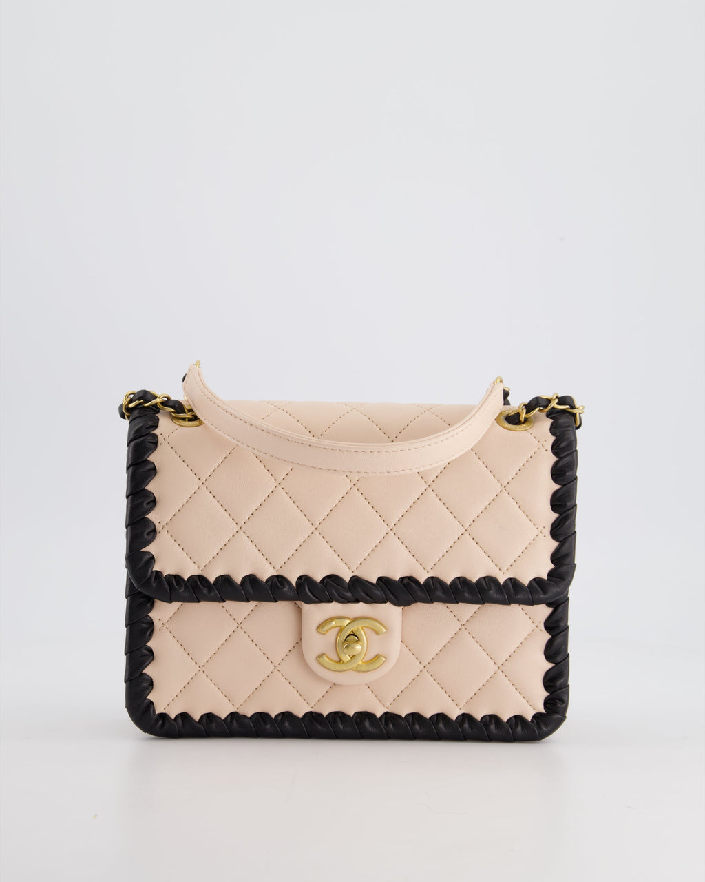Chanel Light Pink, Black Square Stitched Edge Flap Bag in Lambskin with Brushed Gold Hardware