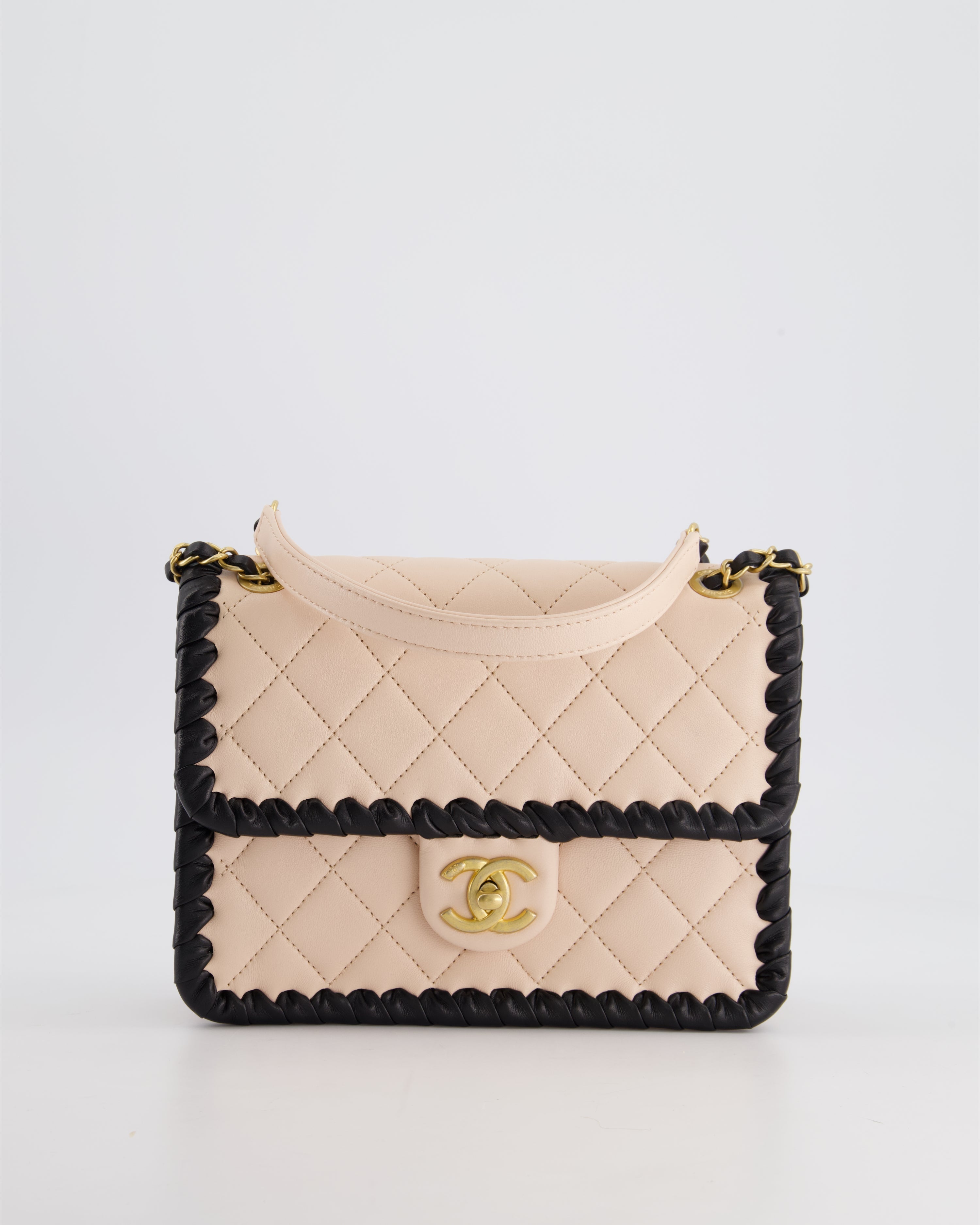 Chanel Light Pink, Black Square Stitched Edge Flap Bag in Lambskin with Brushed Gold Hardware