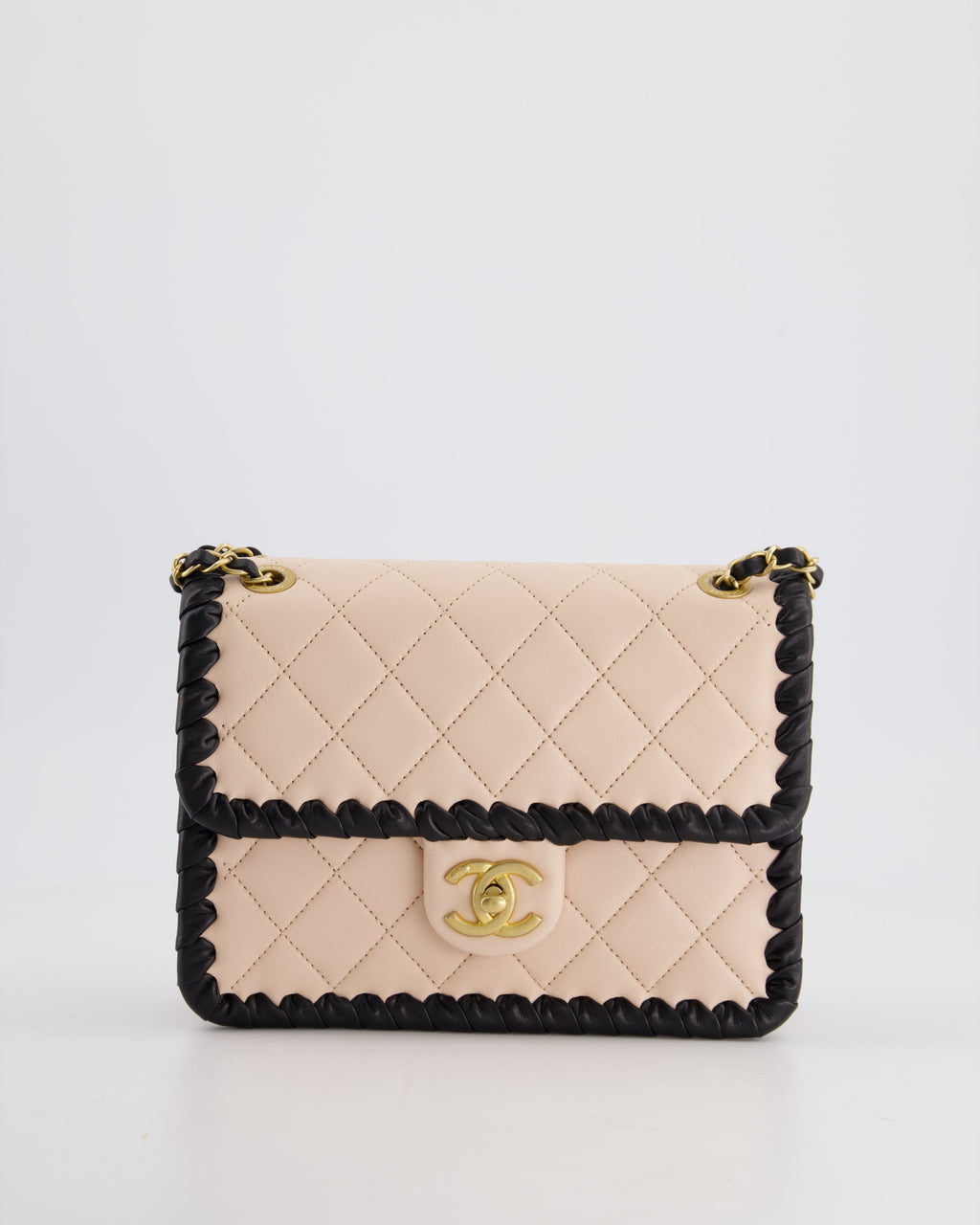 Chanel Light Pink, Black Square Stitched Edge Flap Bag in Lambskin with Brushed Gold Hardware
