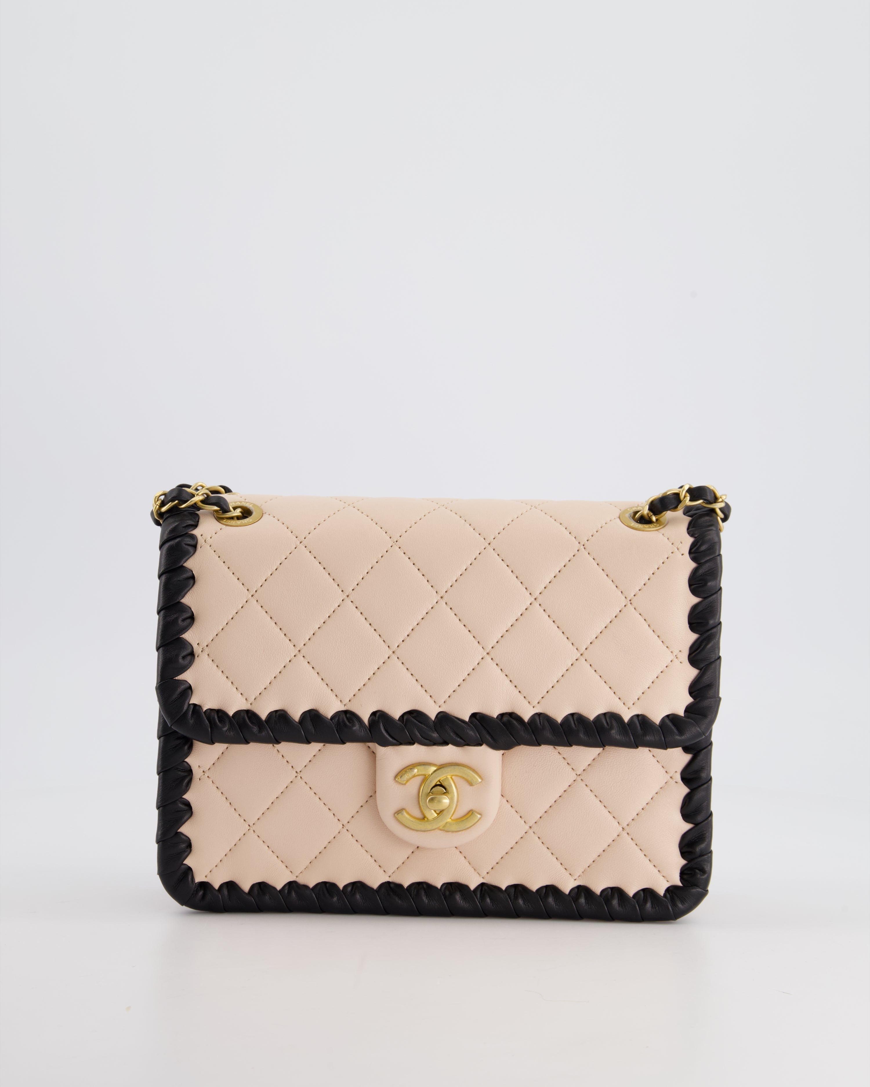 Chanel Light Pink, Black Square Stitched Edge Flap Bag in Lambskin with Brushed Gold Hardware