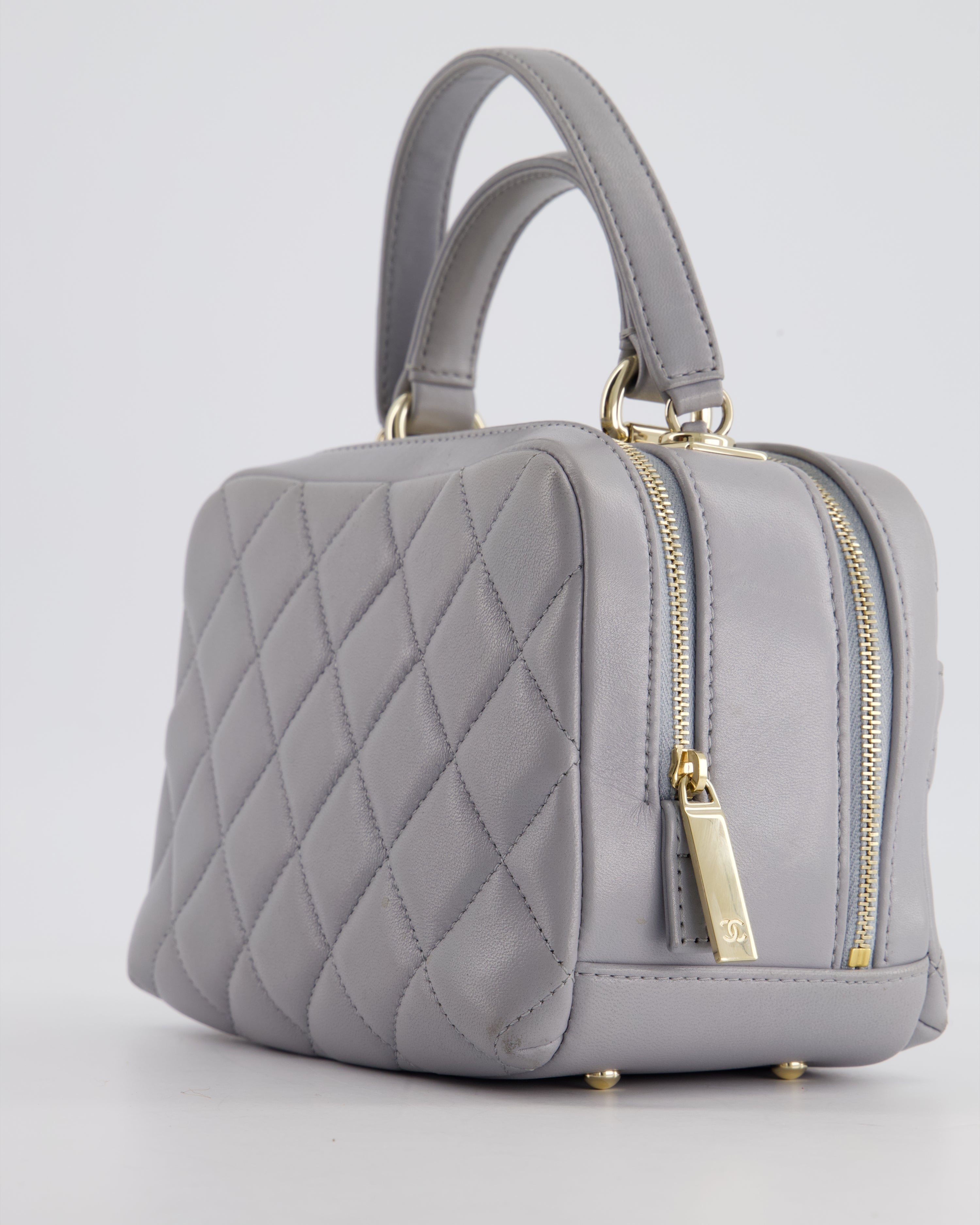 Chanel Dove Grey Trendy Vanity Case Top Handle Bag in Lambskin Leather with Champagne Gold Hardware
