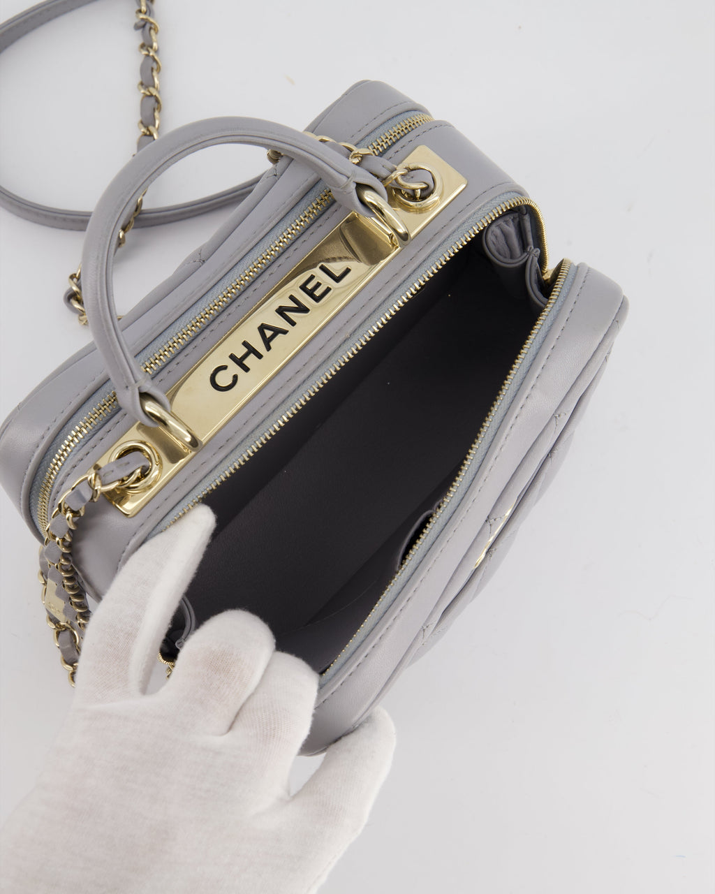 Chanel Dove Grey Trendy Vanity Case Top Handle Bag in Lambskin Leather with Champagne Gold Hardware
