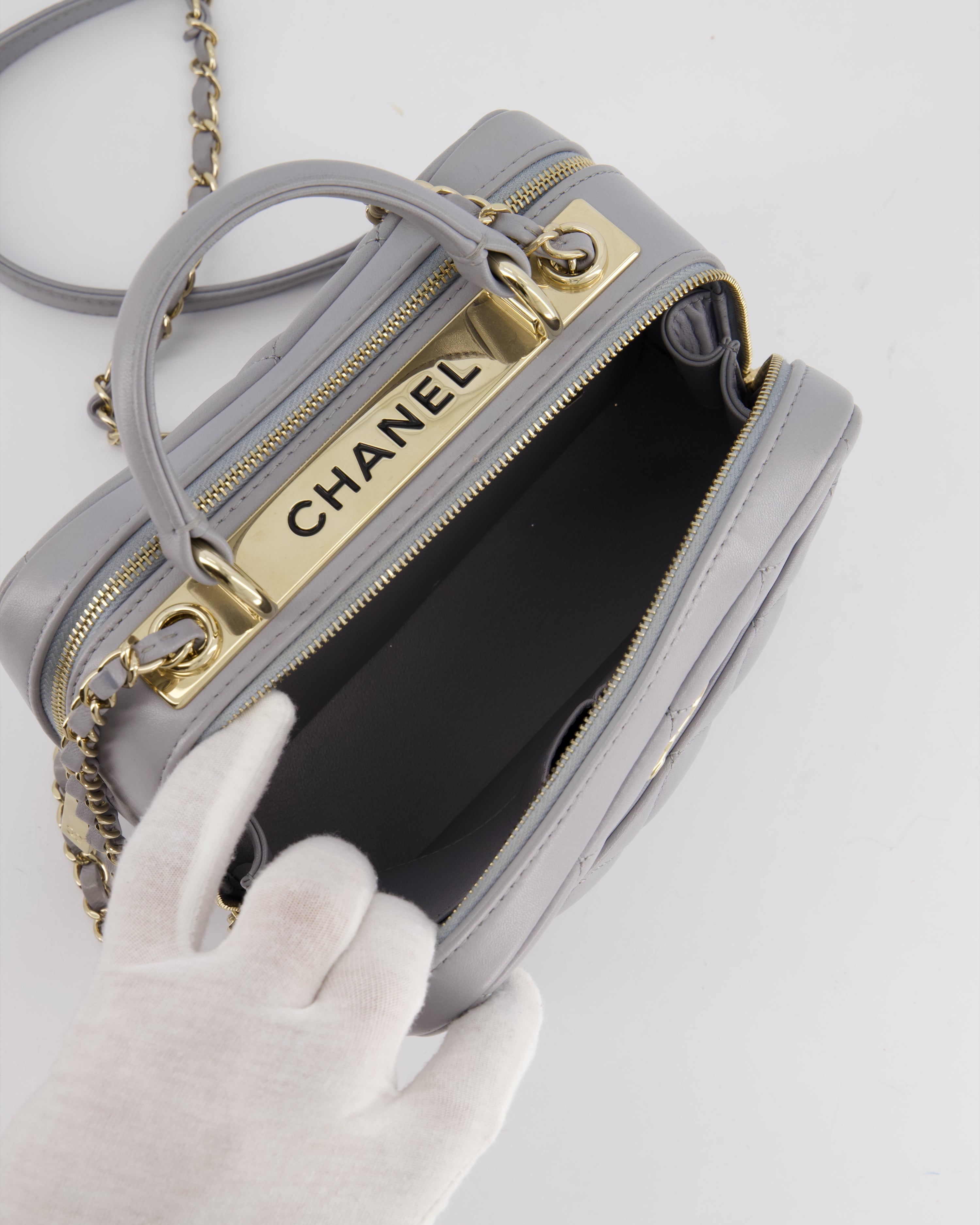 Chanel Dove Grey Trendy Vanity Case Top Handle Bag in Lambskin Leather with Champagne Gold Hardware