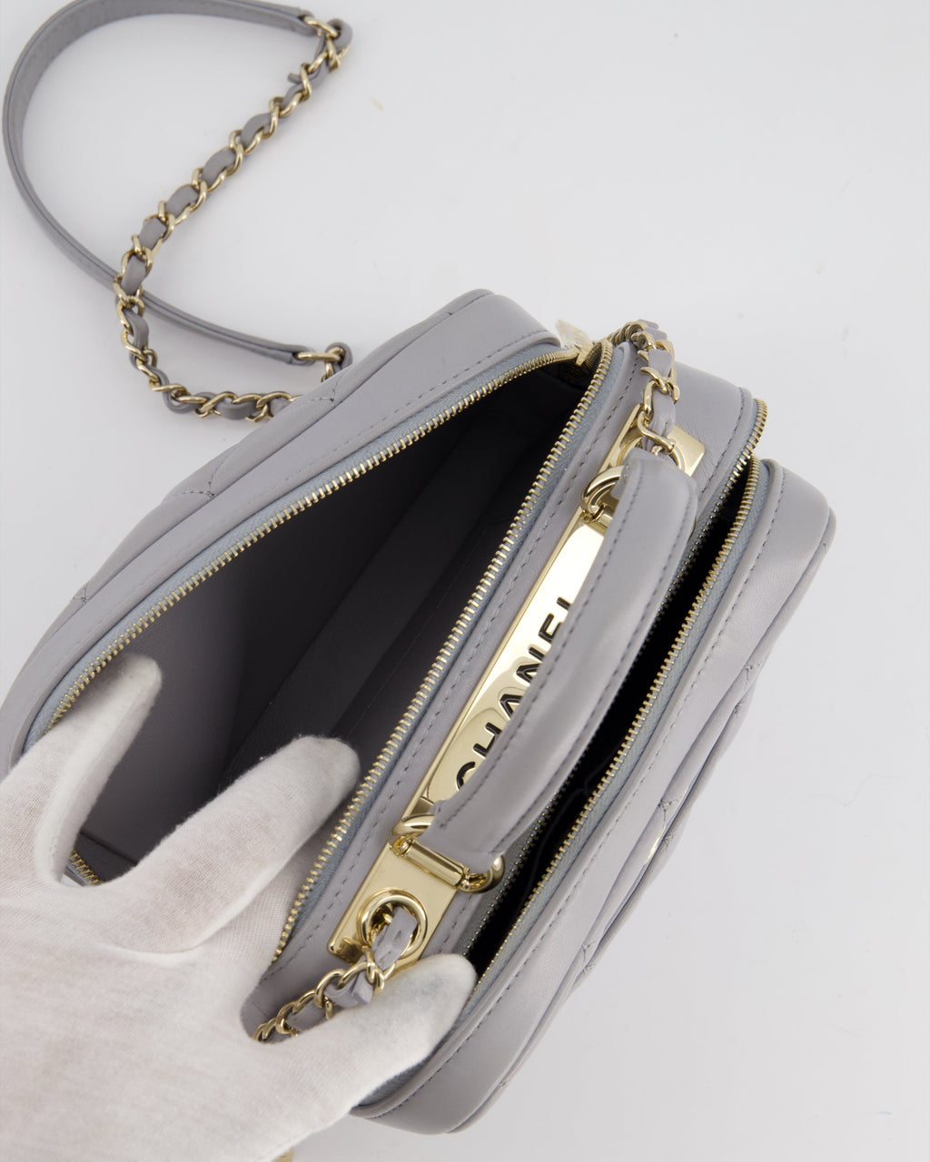 Chanel Dove Grey Trendy Vanity Case Top Handle Bag in Lambskin Leather with Champagne Gold Hardware