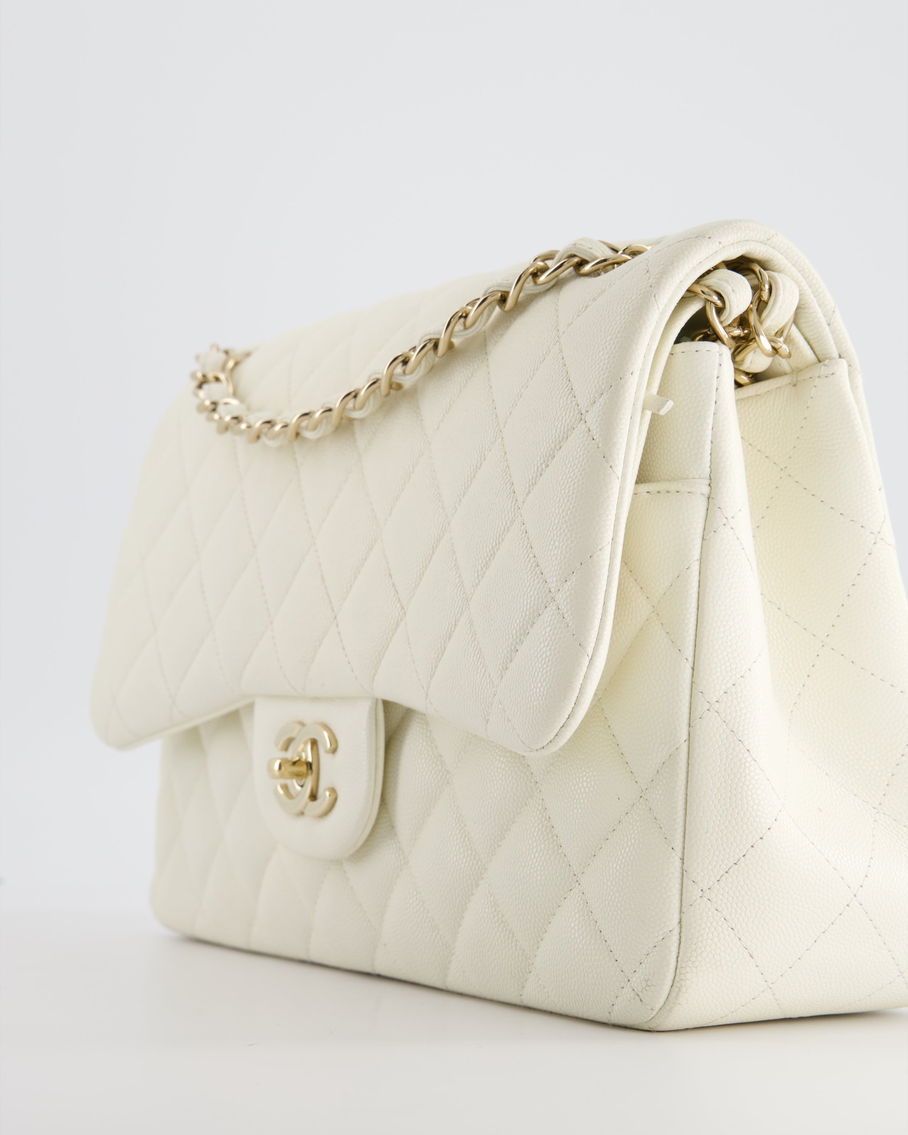 Chanel White Jumbo Classic Double Flap Bag in Shiny Caviar Leather with Champagne Gold Hardware RRP £9,240