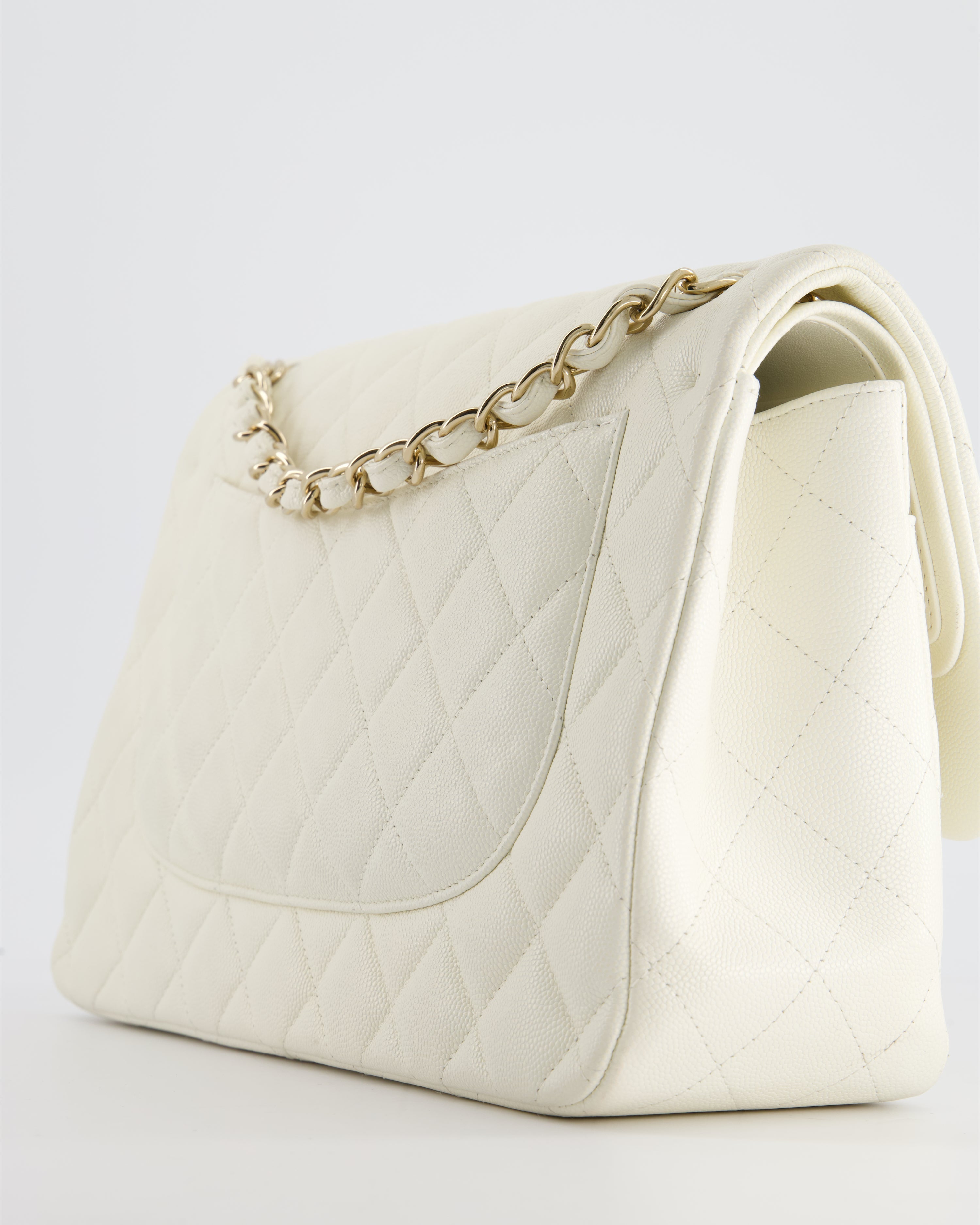 Chanel White Jumbo Classic Double Flap Bag in Shiny Caviar Leather with Champagne Gold Hardware RRP £9,240