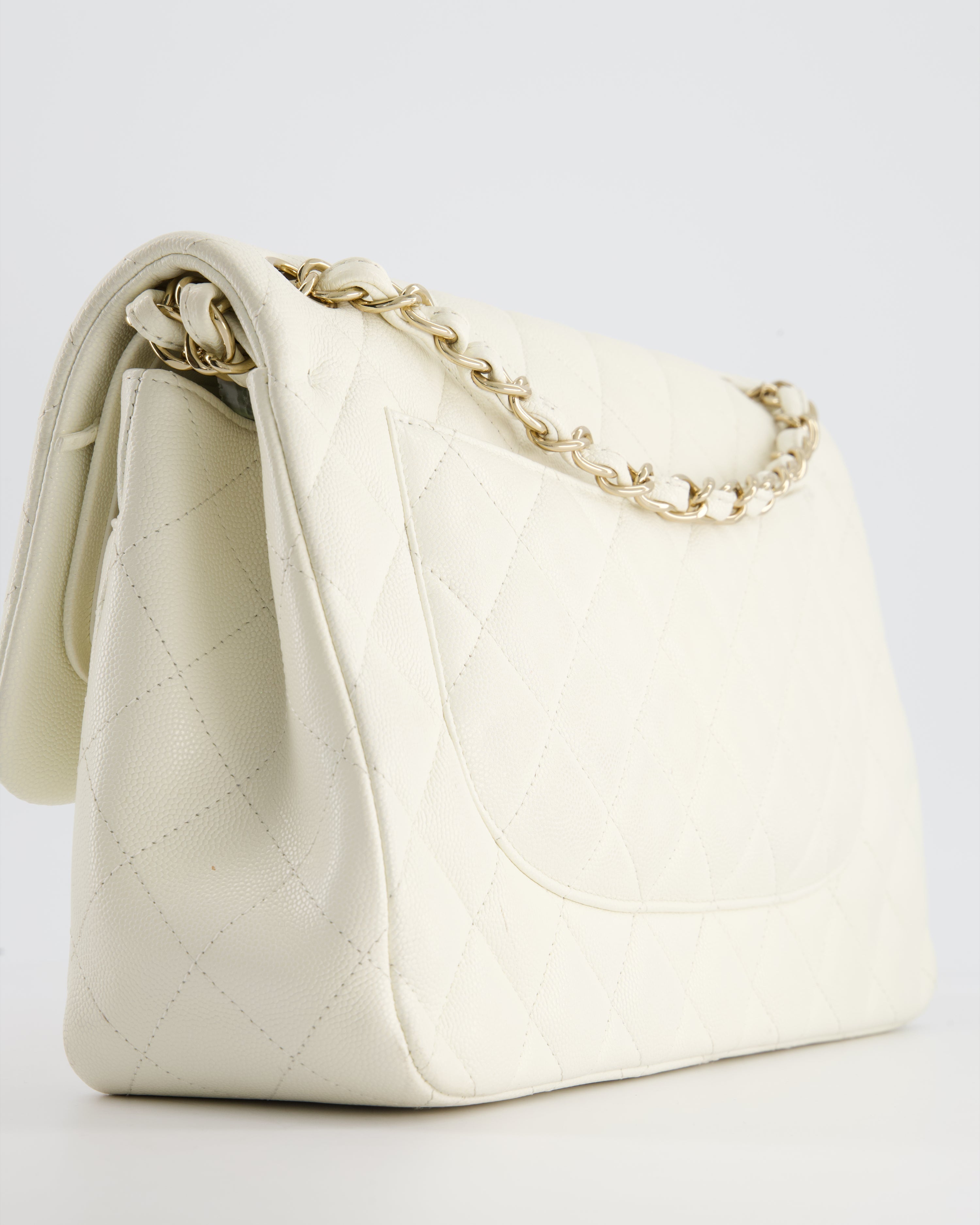 Chanel White Jumbo Classic Double Flap Bag in Shiny Caviar Leather with Champagne Gold Hardware RRP £9,240