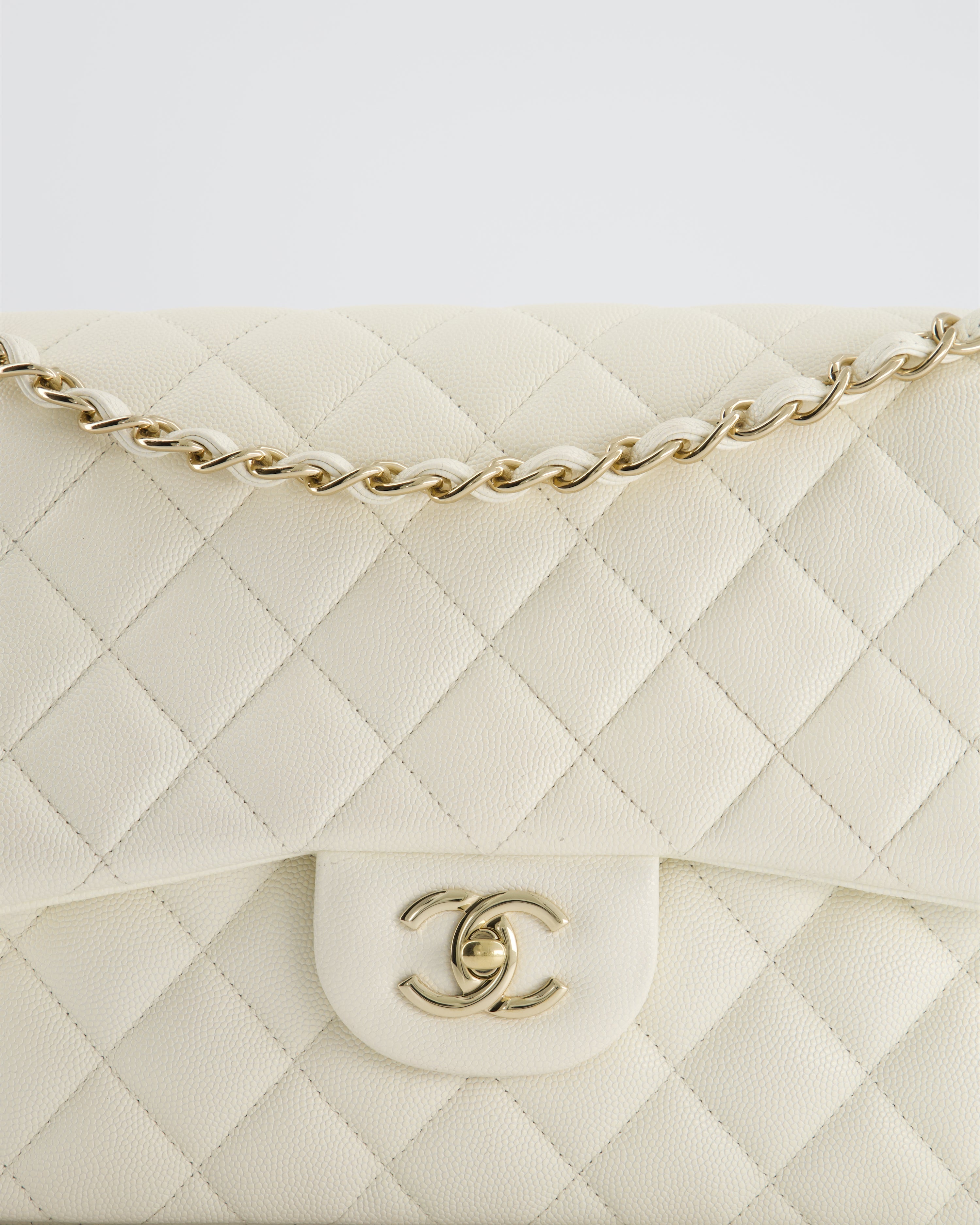 Chanel White Jumbo Classic Double Flap Bag in Shiny Caviar Leather with Champagne Gold Hardware RRP £9,240