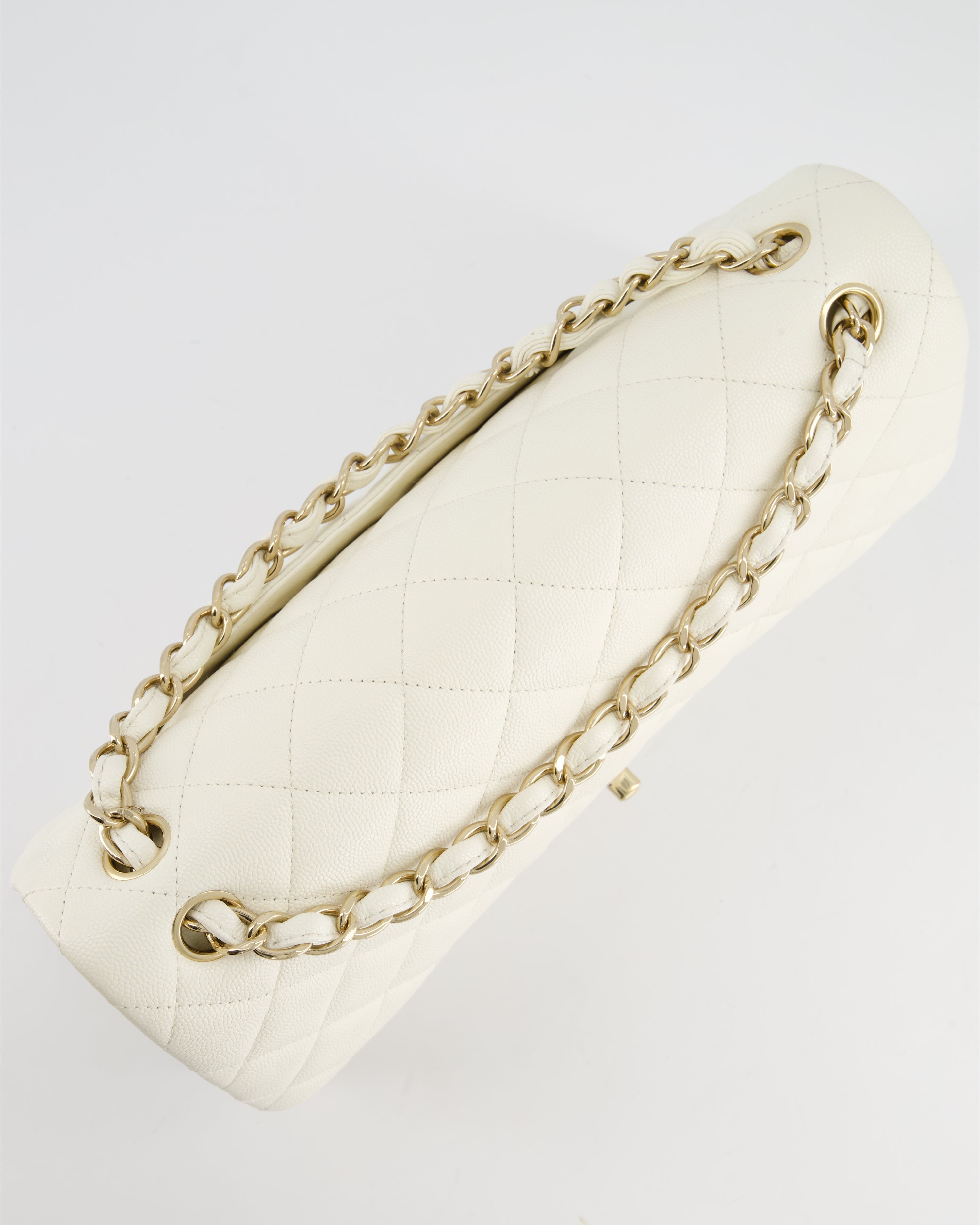 Chanel White Jumbo Classic Double Flap Bag in Shiny Caviar Leather with Champagne Gold Hardware RRP £9,240