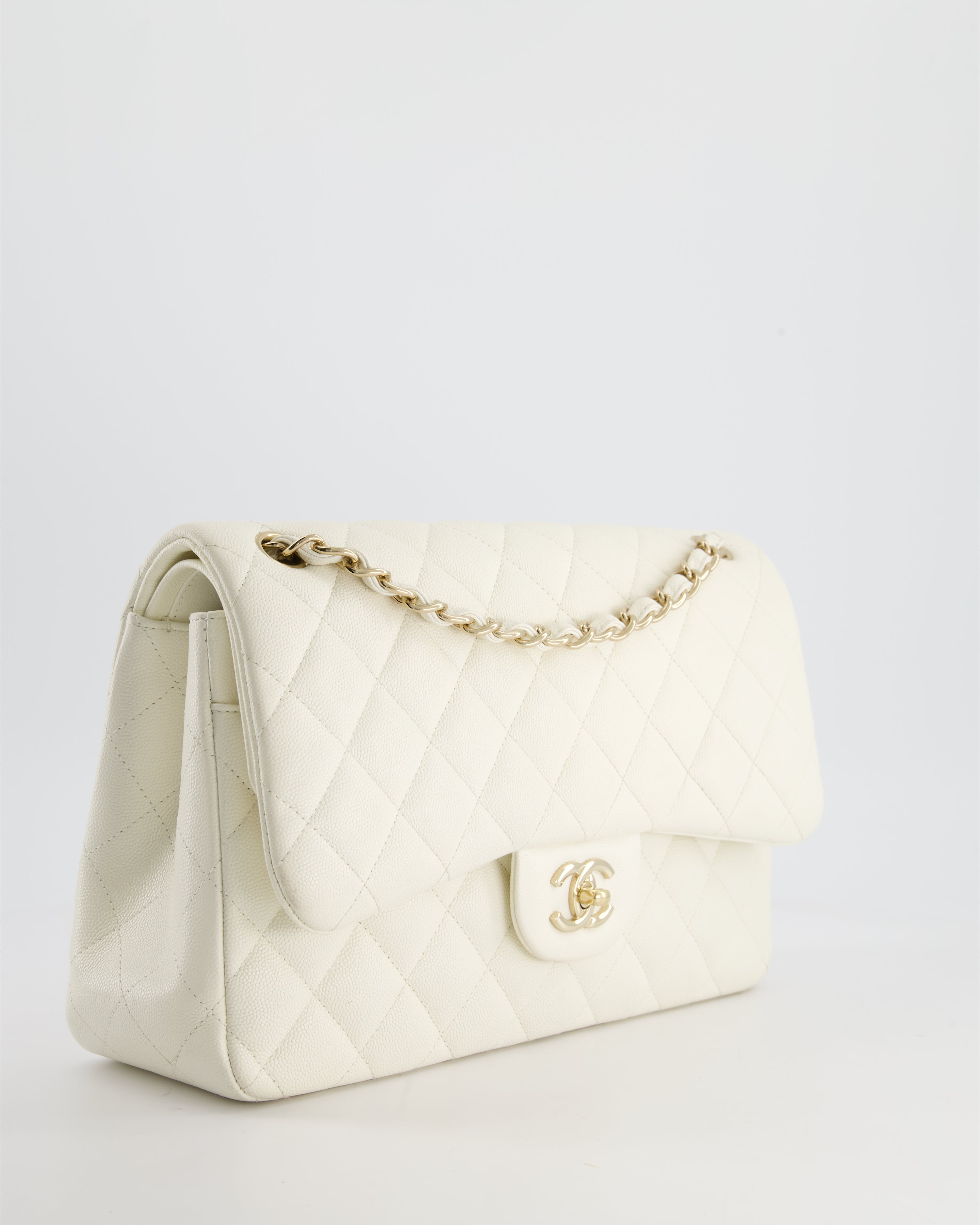 Chanel White Jumbo Classic Double Flap Bag in Shiny Caviar Leather with Champagne Gold Hardware RRP £9,240