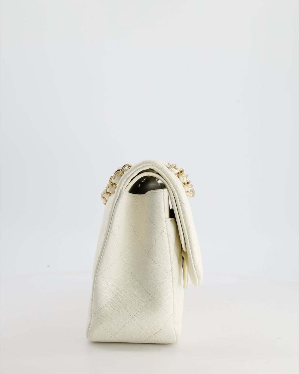 Chanel White Jumbo Classic Double Flap Bag in Shiny Caviar Leather with Champagne Gold Hardware RRP £9,240