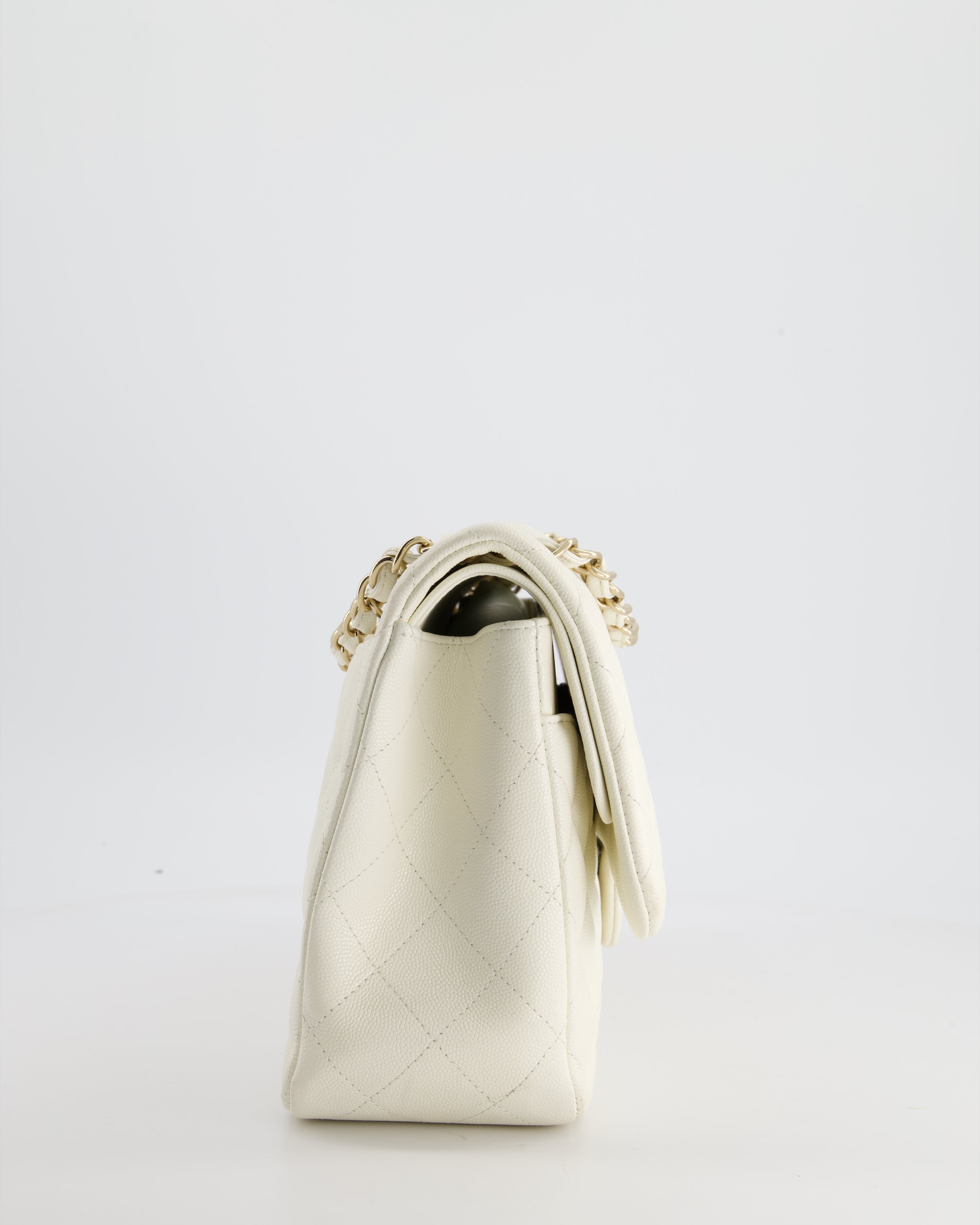 Chanel White Jumbo Classic Double Flap Bag in Shiny Caviar Leather with Champagne Gold Hardware RRP £9,240