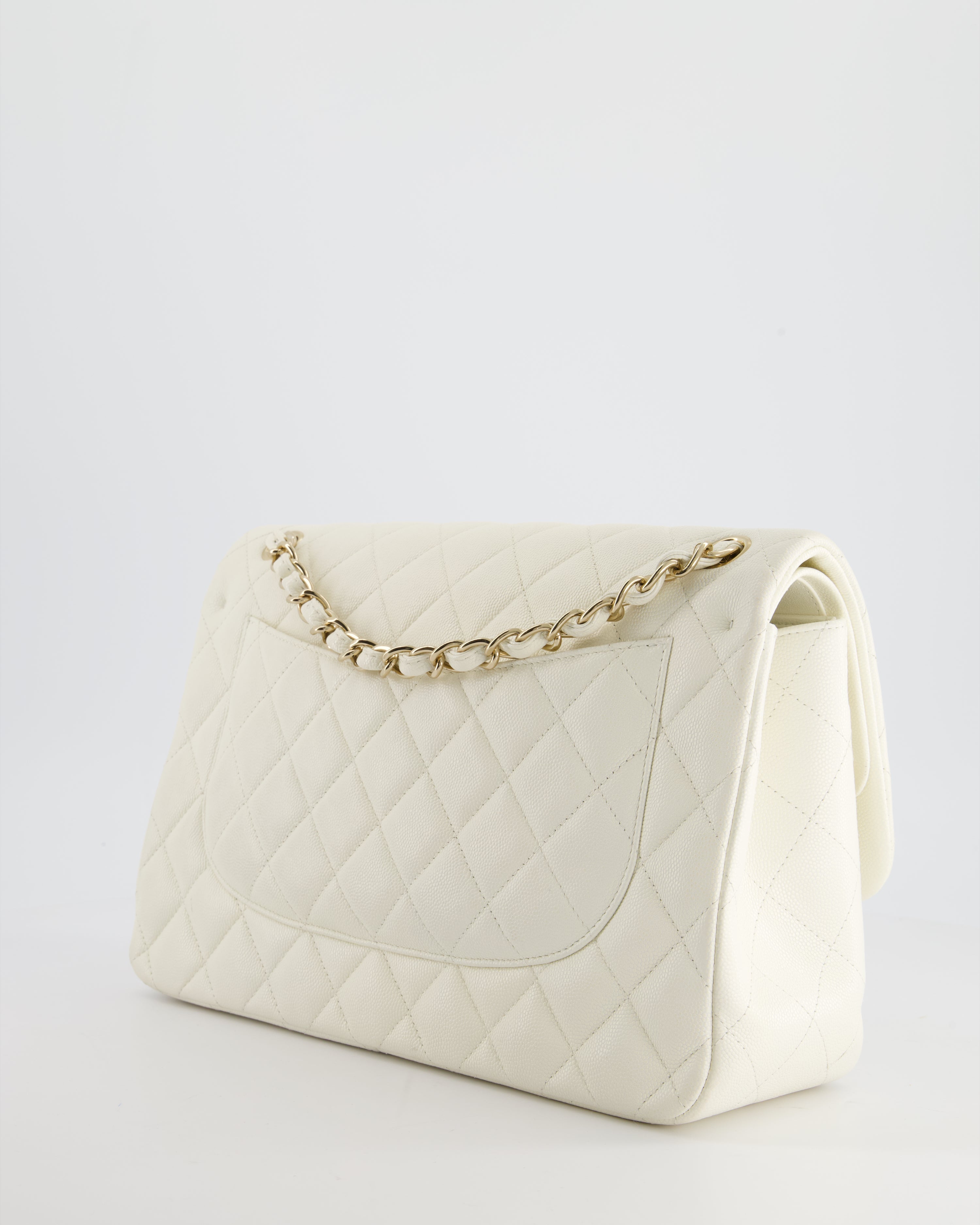 Chanel White Jumbo Classic Double Flap Bag in Shiny Caviar Leather with Champagne Gold Hardware RRP £9,240