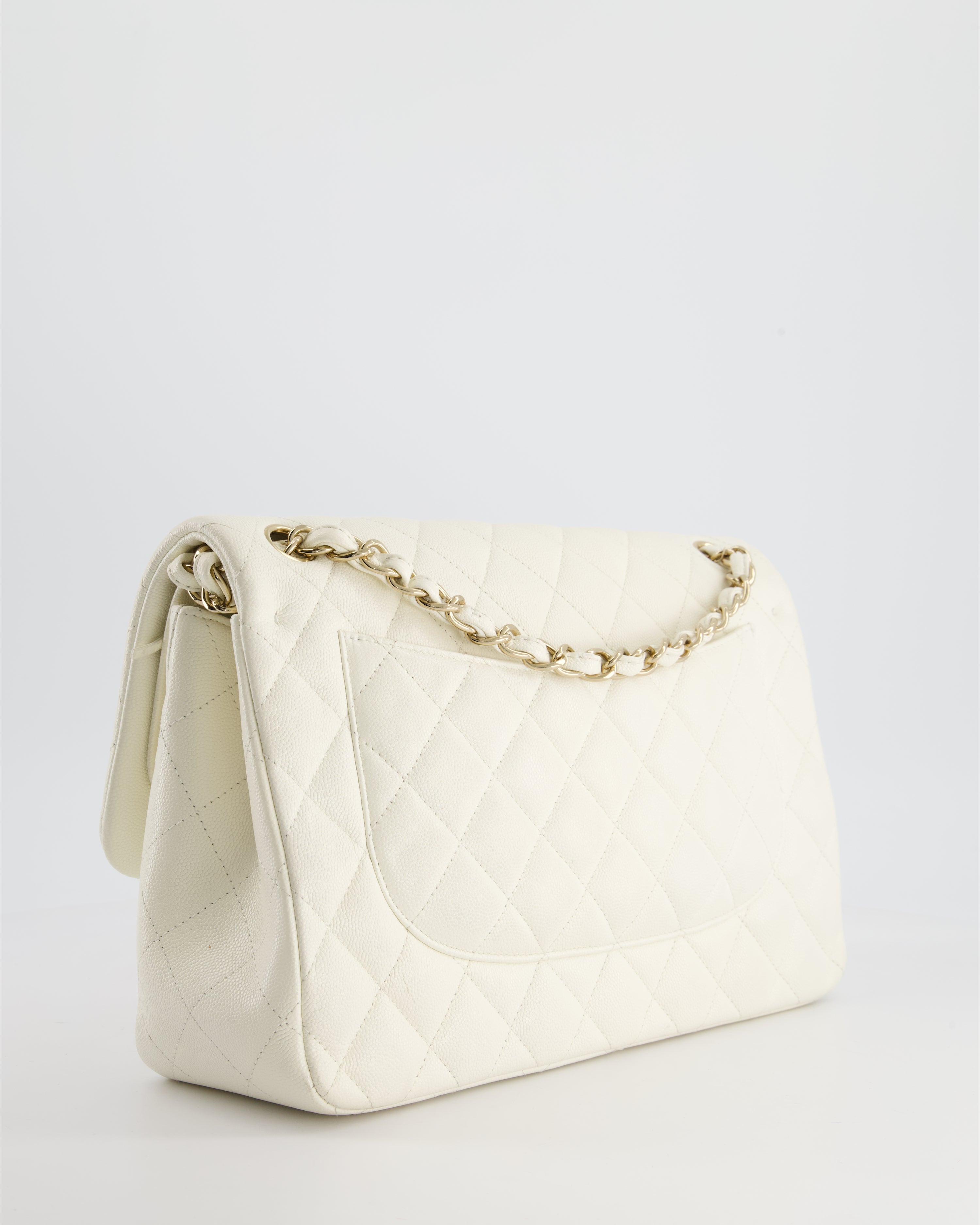 Chanel White Jumbo Classic Double Flap Bag in Shiny Caviar Leather with Champagne Gold Hardware RRP £9,240
