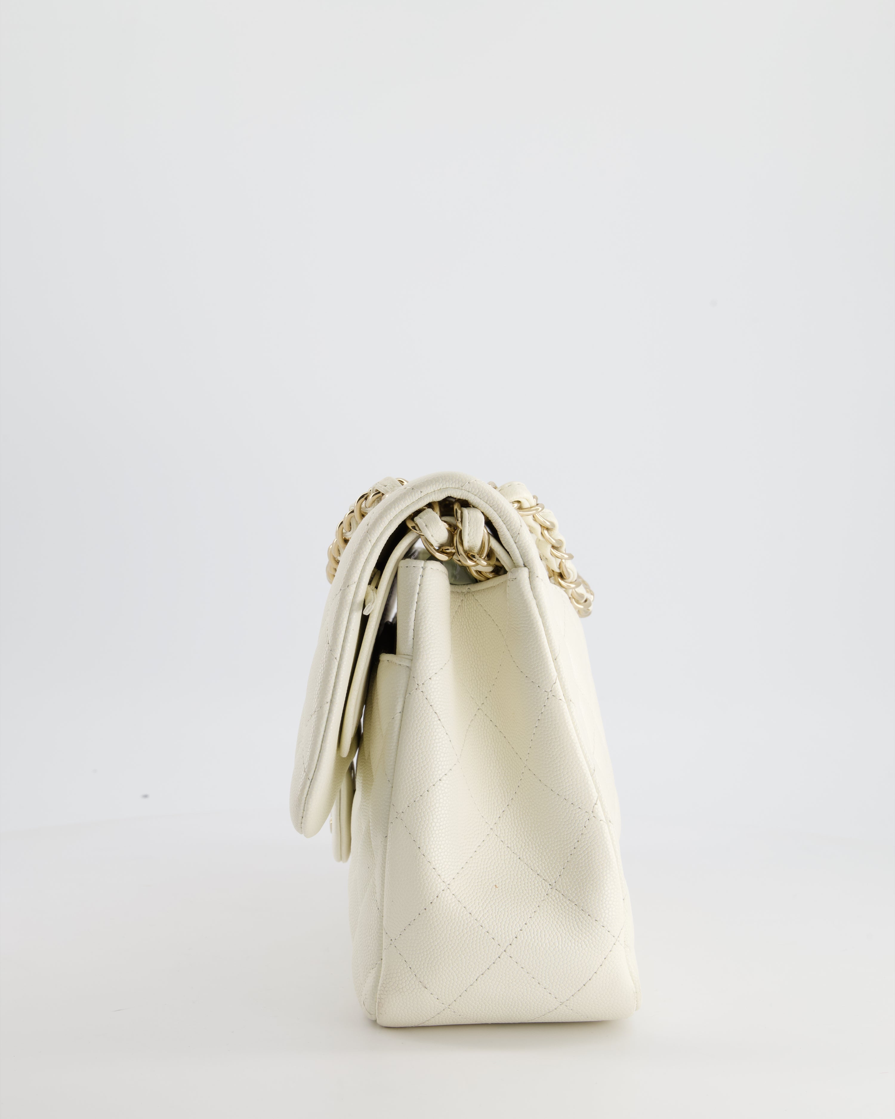 Chanel White Jumbo Classic Double Flap Bag in Shiny Caviar Leather with Champagne Gold Hardware RRP £9,240